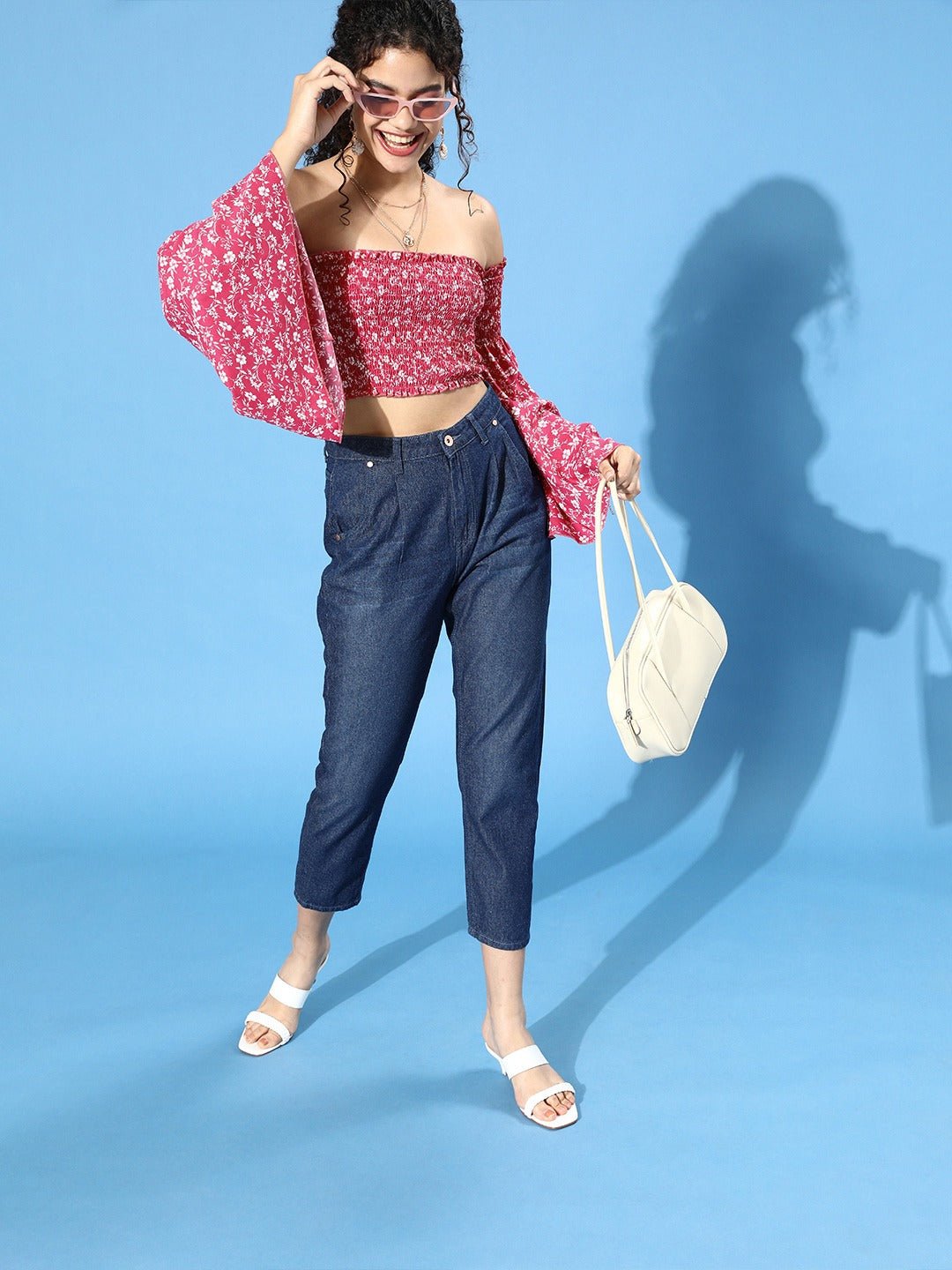 Folk Republic Women Pink Floral Printed Off-Shoulder Crepe Bardot Crop Top - #folk republic#