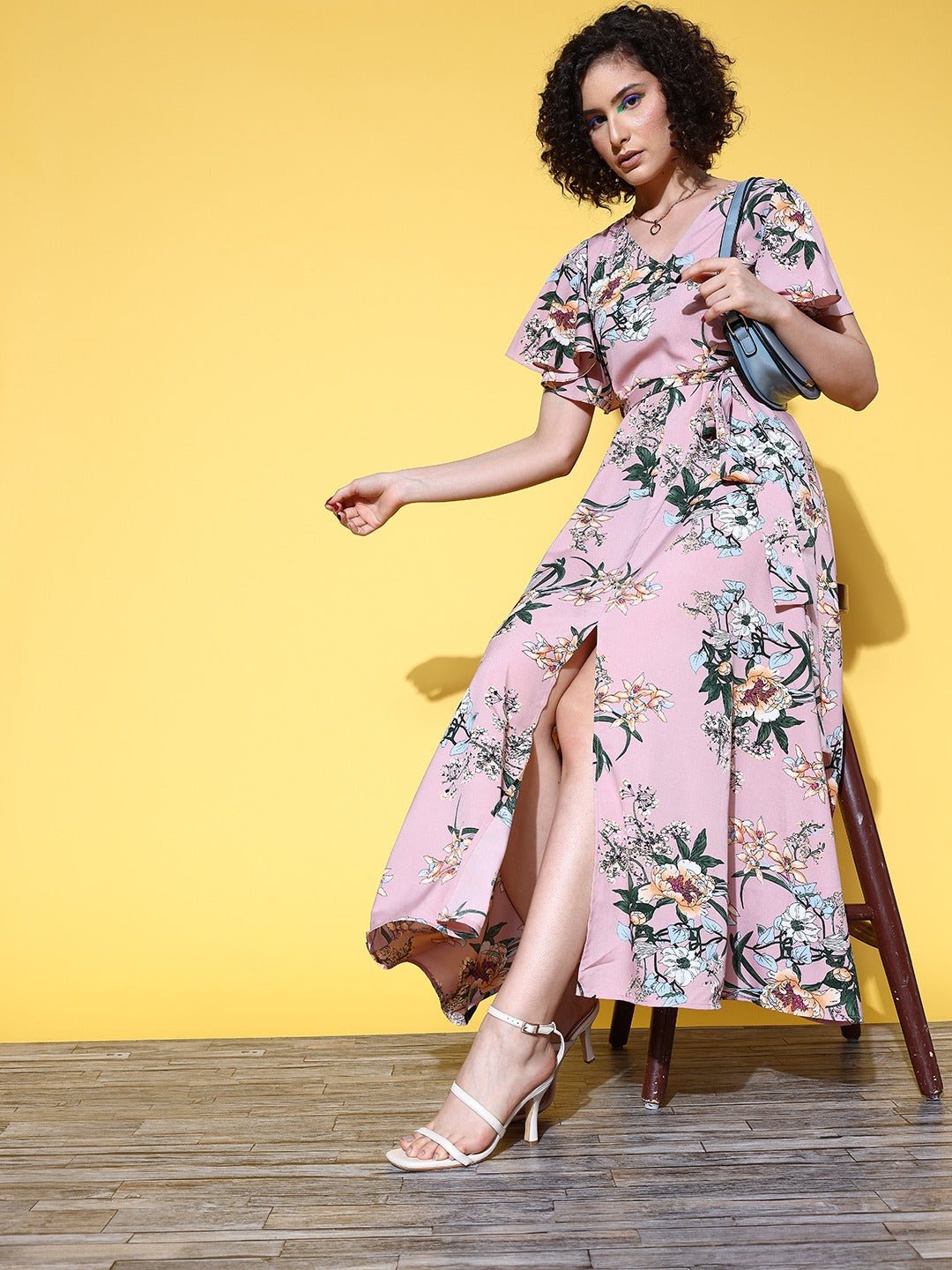Folk Republic Women Pink & Green Floral Printed V-Neck Waist Tie-Up Thigh-High Slit Pleated A-Line Midi Dress - #folk republic#