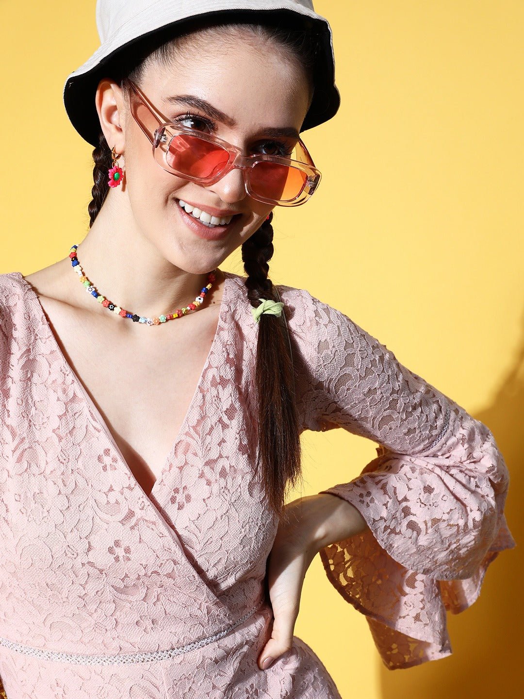 Folk Republic Women Pink V-Neck Lace Styled Back Pure Cotton Mini Jumpsuit - #folk republic#