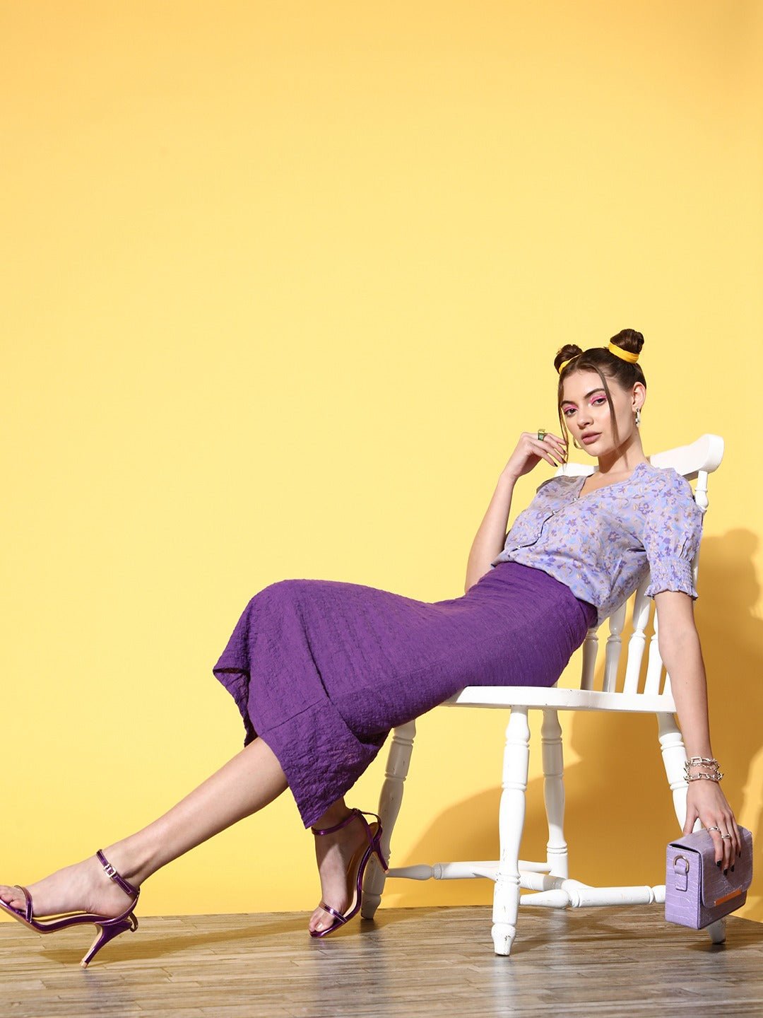 Folk Republic Women Purple & Blue Floral Printed V-Neck Front Button-Up Crepe Smocked Top - #folk republic#