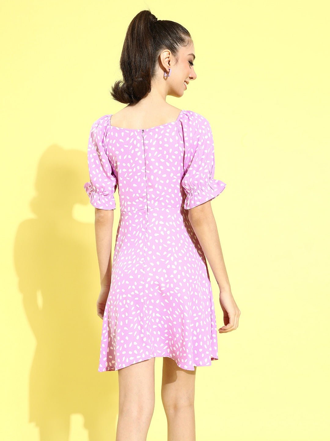 Folk Republic Women Purple & White Abstract Printed Sweetheart Neck A-Line Mini Dress - #folk republic#