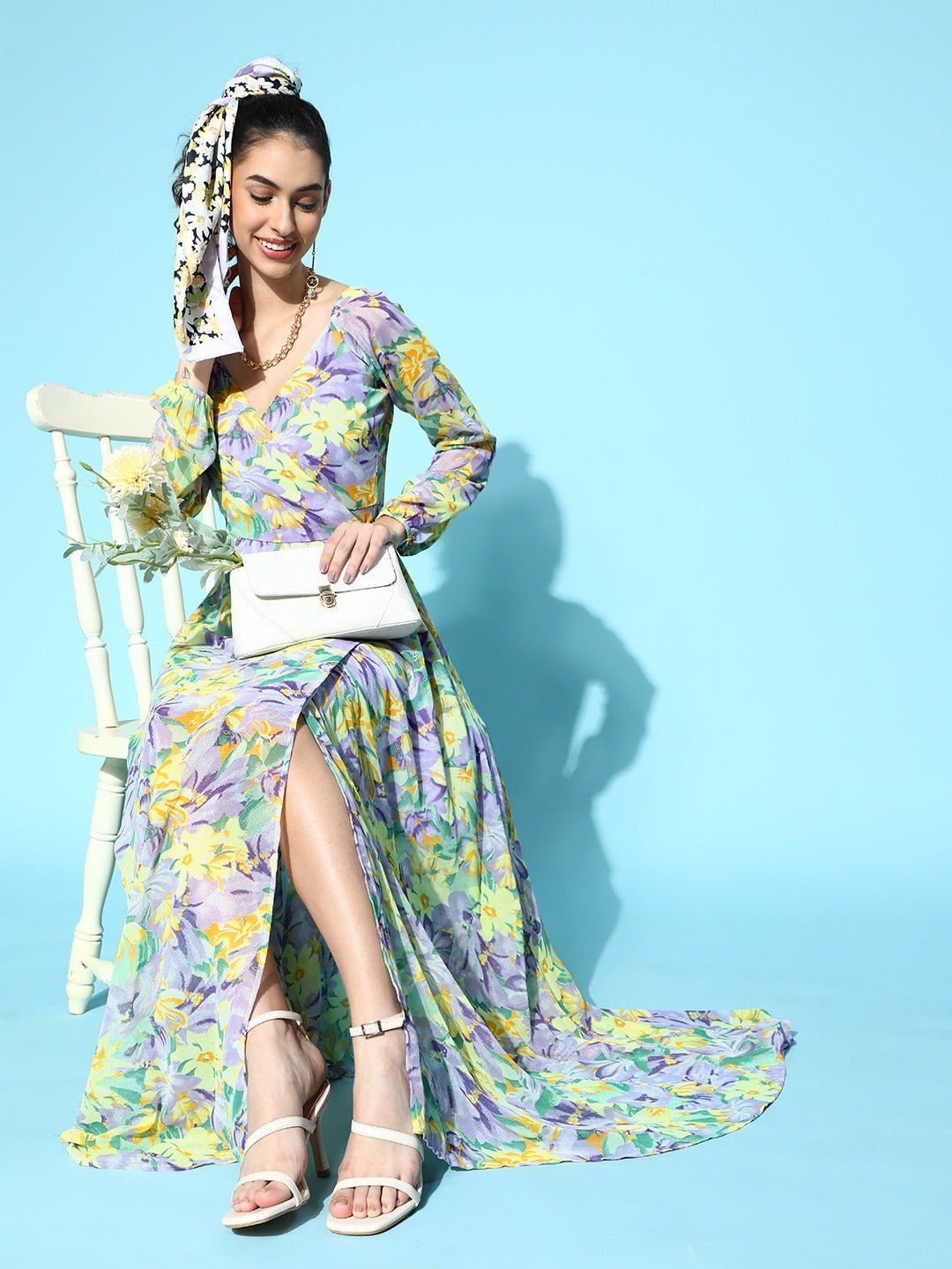 Folk Republic Women Purple & Yellow Floral Printed V-Neck Thigh-High Slit Flared Wrap Maxi Dress - #folk republic#