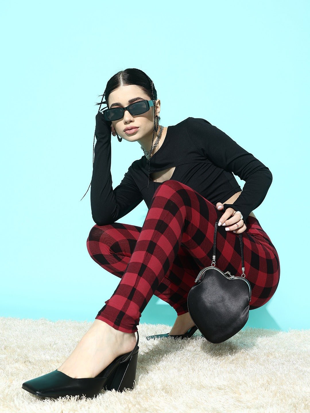 Folk Republic Women Red Checked High Waisted Sports Tights - #folk republic#