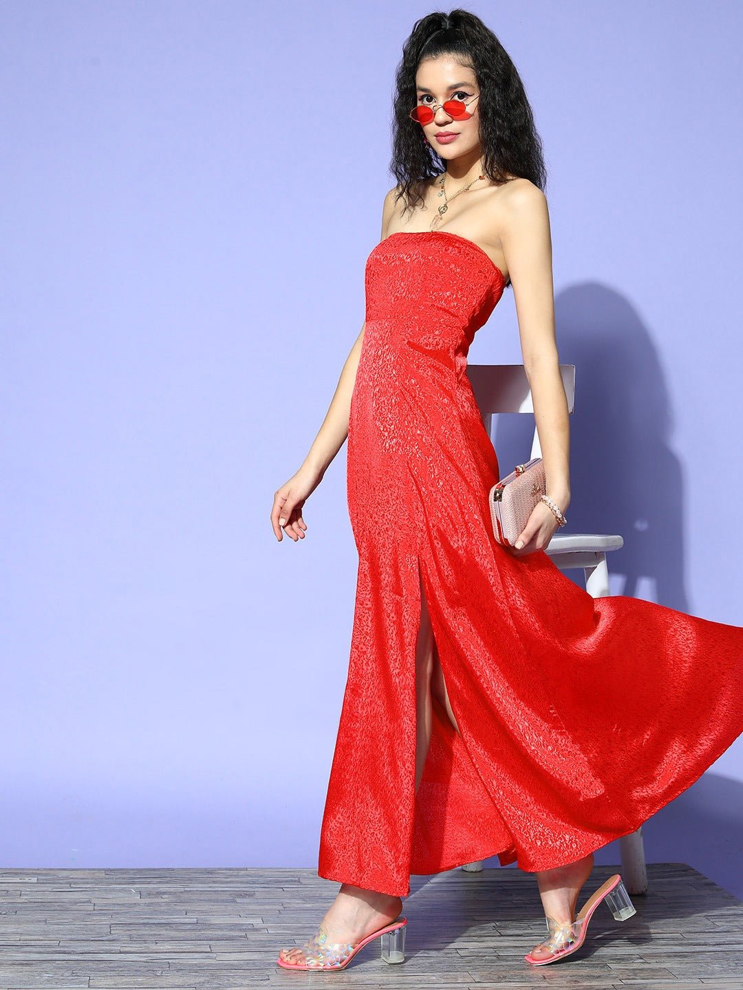 Folk Republic Women Red Floral Printed Strapless Neck Jacquard Thigh-High Slit Flared Maxi Gown Dress - #folk republic#