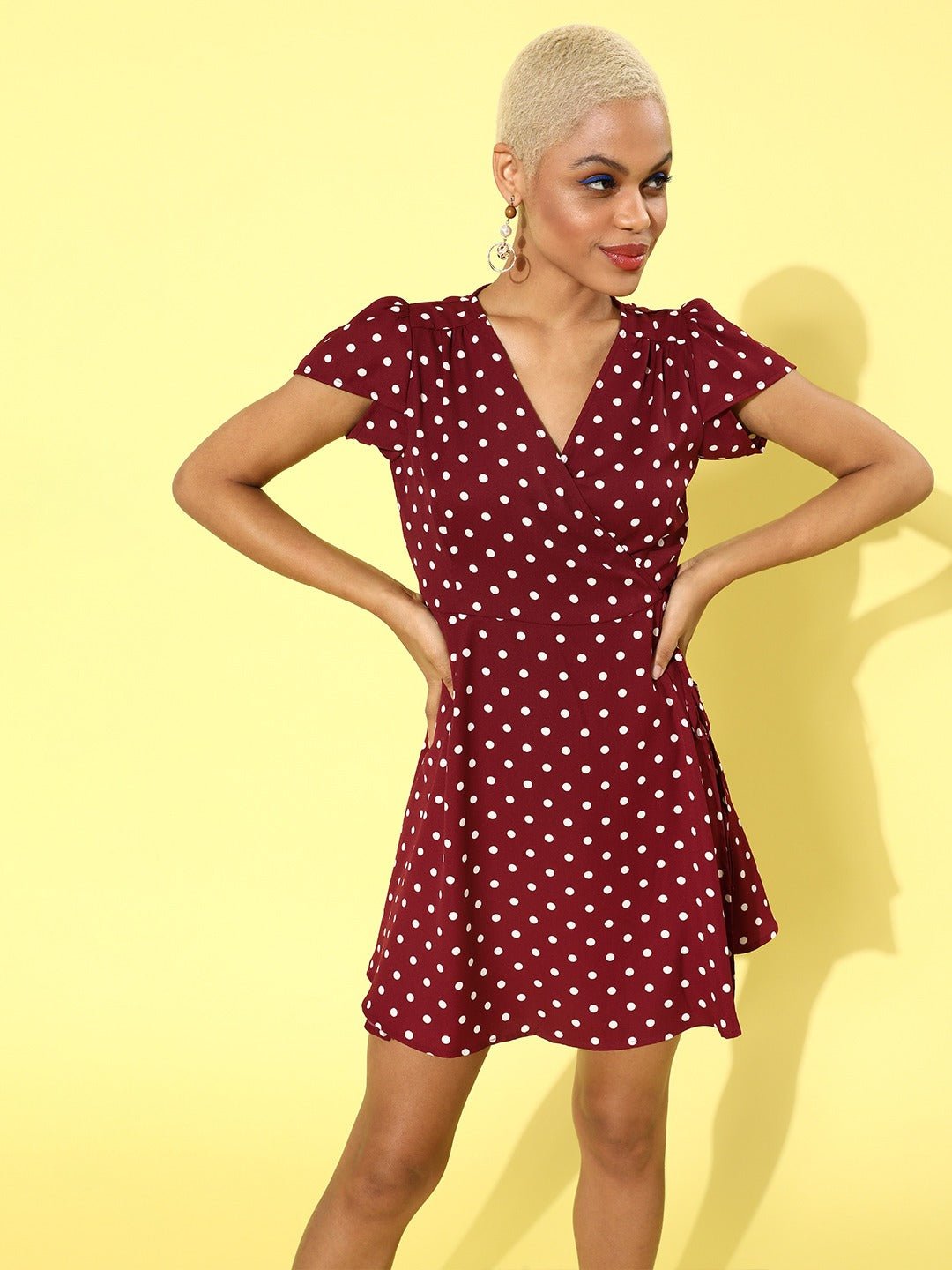 Folk Republic Women Red Polka Dot Printed V-Neck Layered Wrap Mini Dress - #folk republic#
