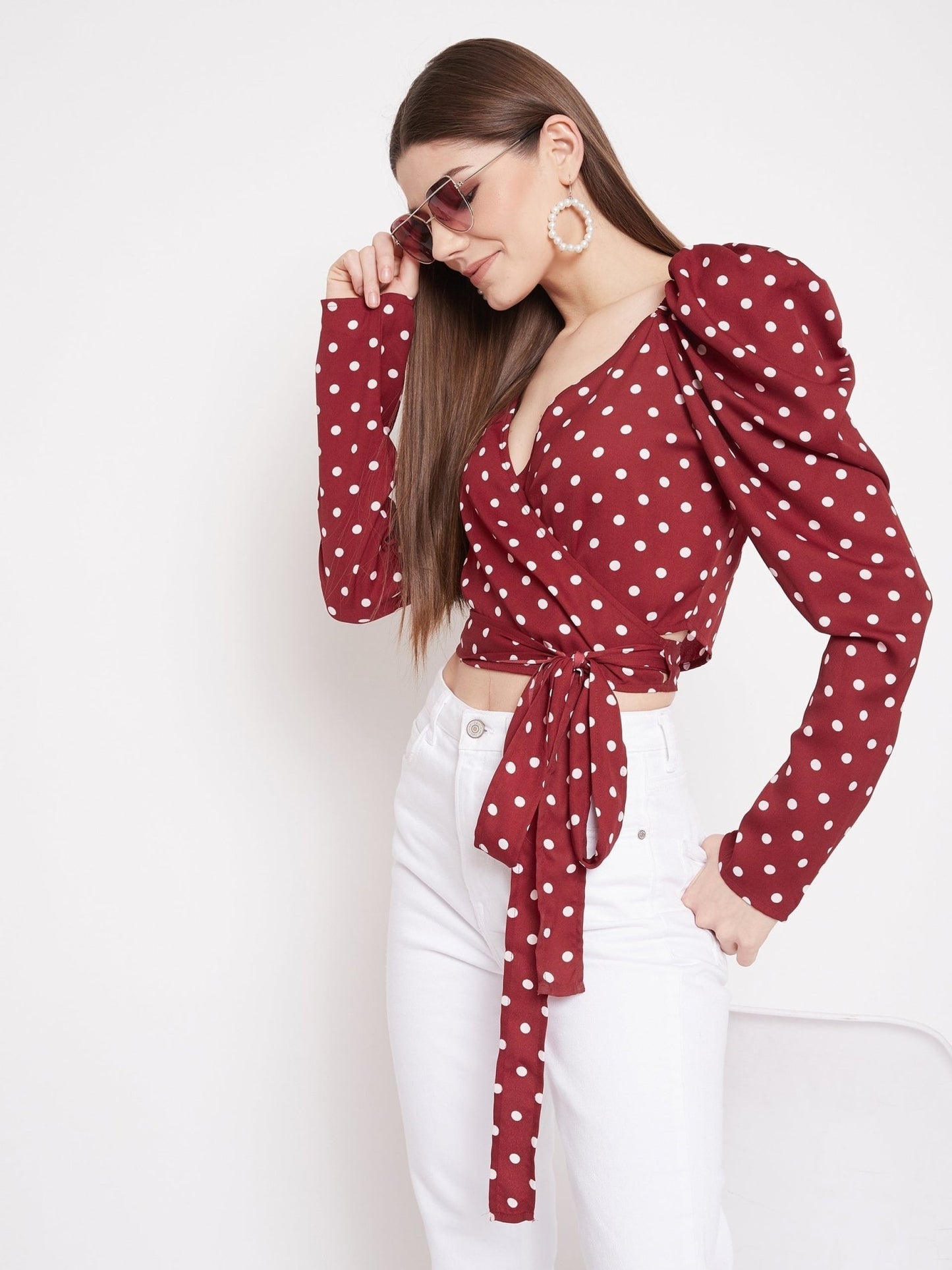 Folk Republic Women Red Puff Sleeve Wrap Polka-Dot Crop Top - #folk republic#