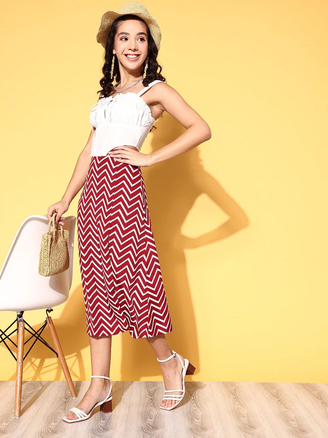 Folk Republic Women Red & White Chevron Printed Thigh-High Slit Flared A-Line Midi Skirt - #folk republic#