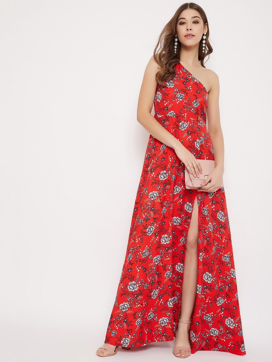 Folk Republic Women Red & White Floral Printed One-Shoulder Neck Thigh-High Slit Flared Maxi Dress - #folk republic#