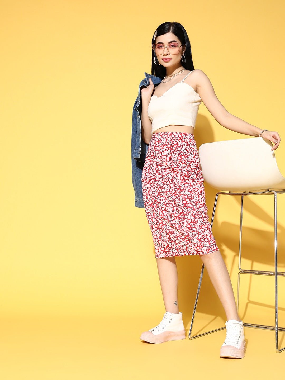 Folk Republic Women Red & White Floral Printed Slip-On Straight Hem Pencil Midi Skirt - #folk republic#
