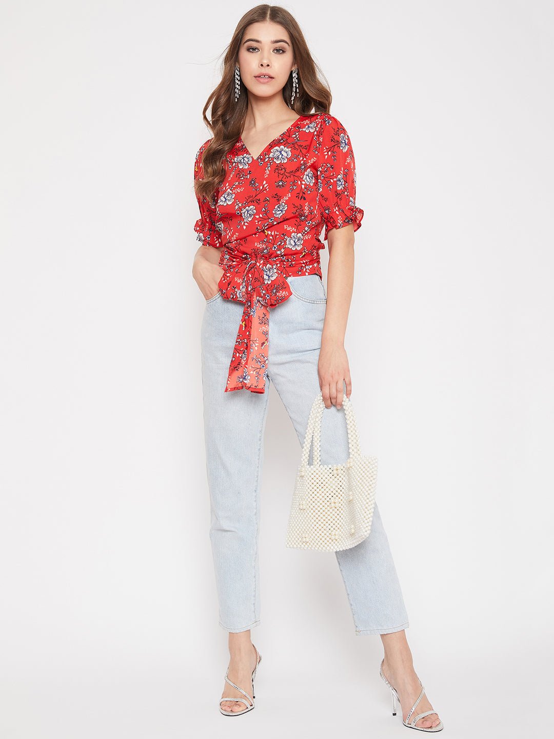 Folk Republic Women Red & White Floral Printed V-Neck Tie-Up Knot Wrap Top - #folk republic#