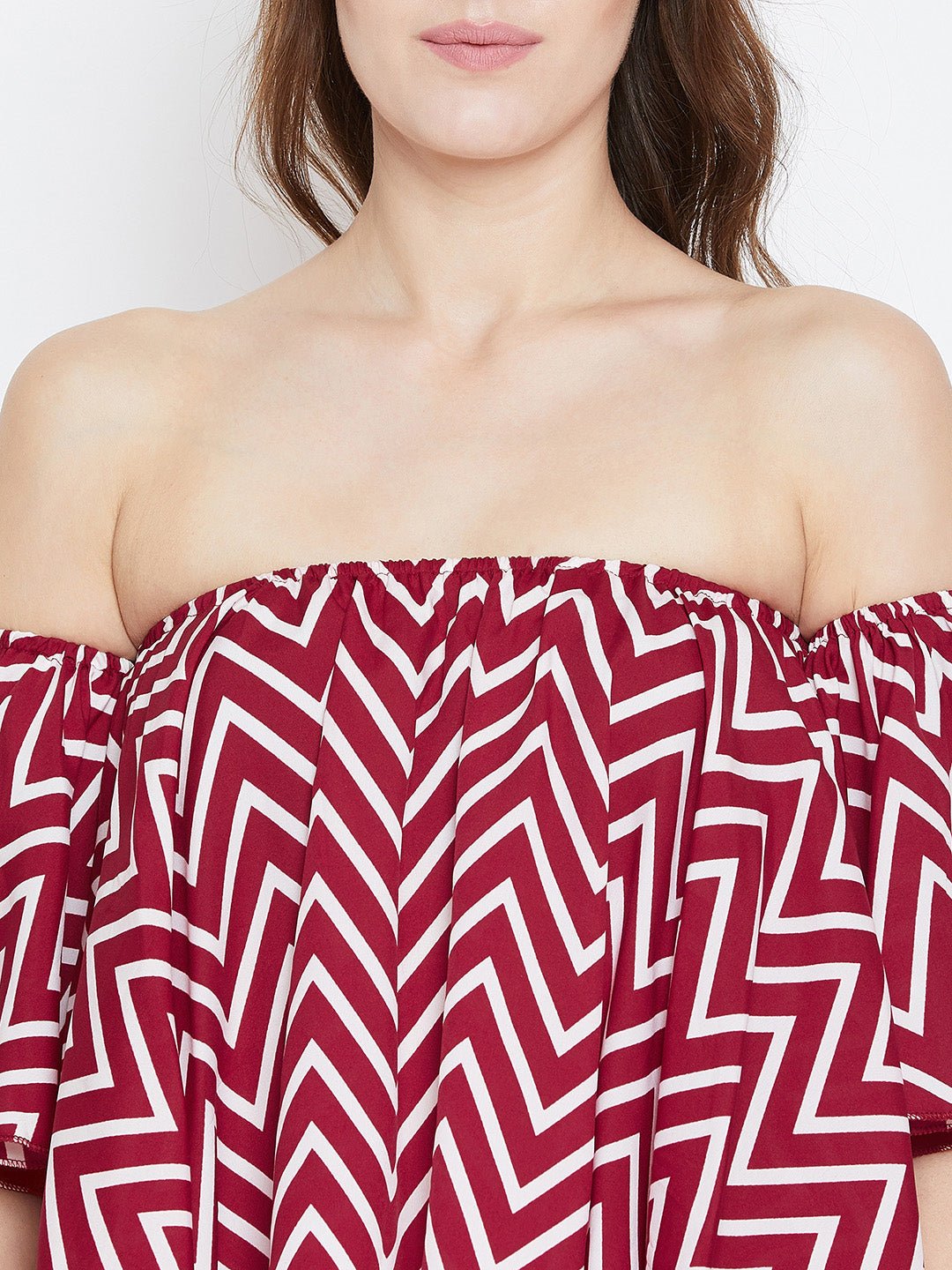 Folk Republic Women Red & White Geometric Printed Off-Shoulder Neck Ruffled Crop Bardot Top - #folk republic#