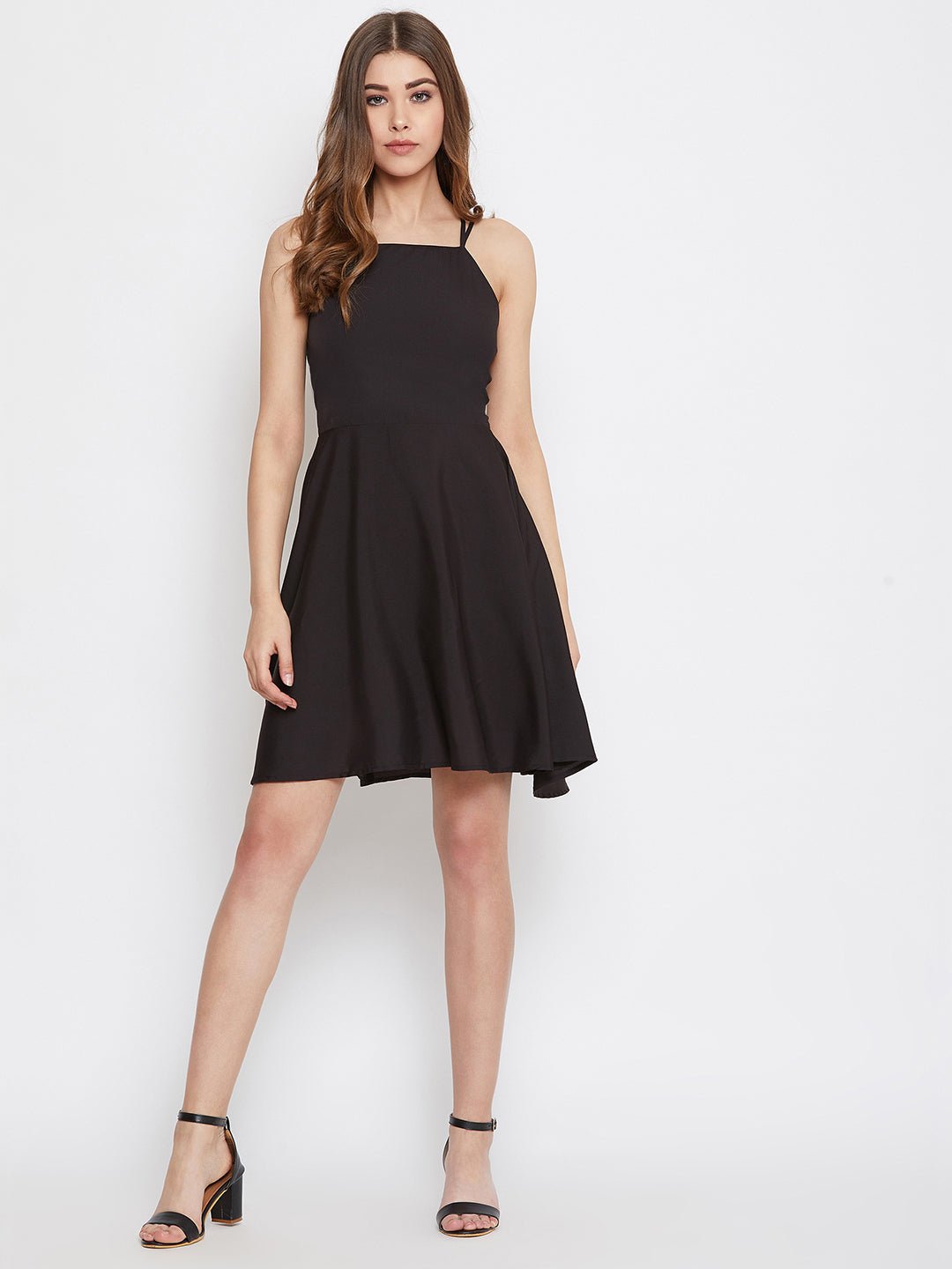 Folk Republic Women Solid Black Caged Back Tie-Up Fit & Flare Mini Dress - #folk republic#