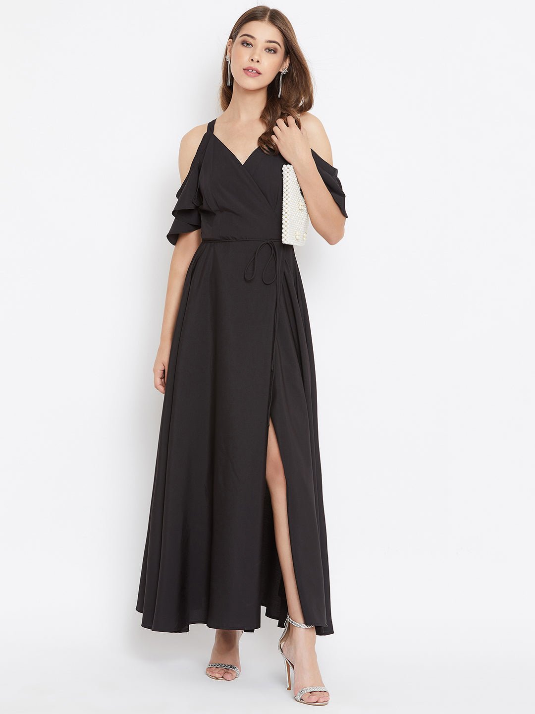 Folk Republic Women Solid Black Cold Shoulder Wrap Maxi Dress - #folk republic#