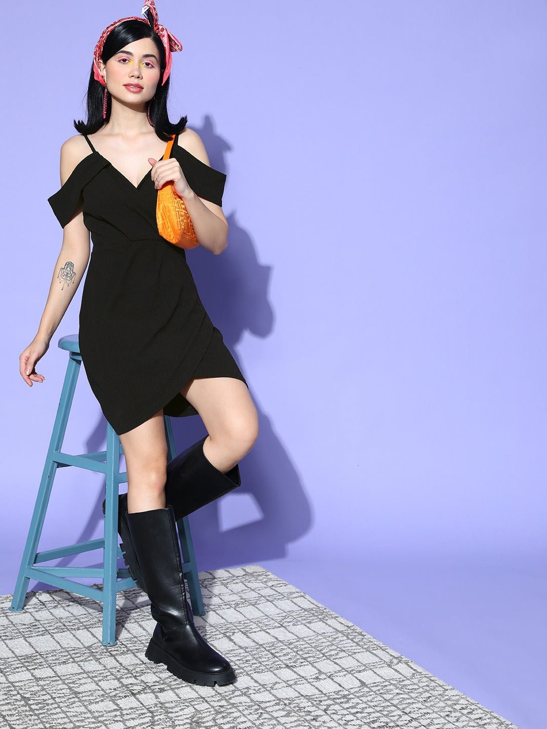 Folk Republic Women Solid Black Off-Shoulder Neck Sleeveless Crepe Tulip Hem Wrap Bodycon Mini Dress - #folk republic#