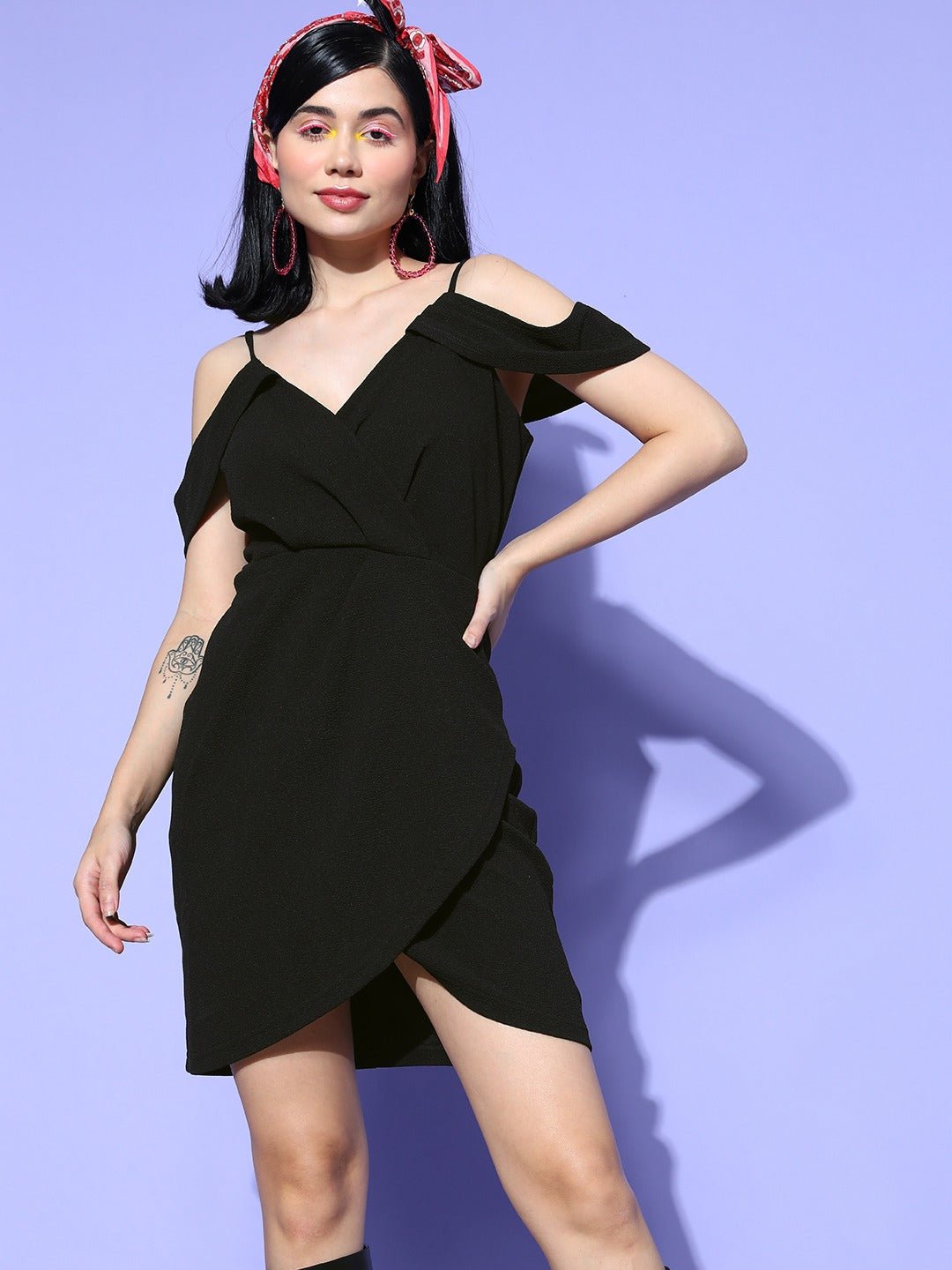 Folk Republic Women Solid Black Off-Shoulder Neck Sleeveless Crepe Tulip Hem Wrap Bodycon Mini Dress - #folk republic#