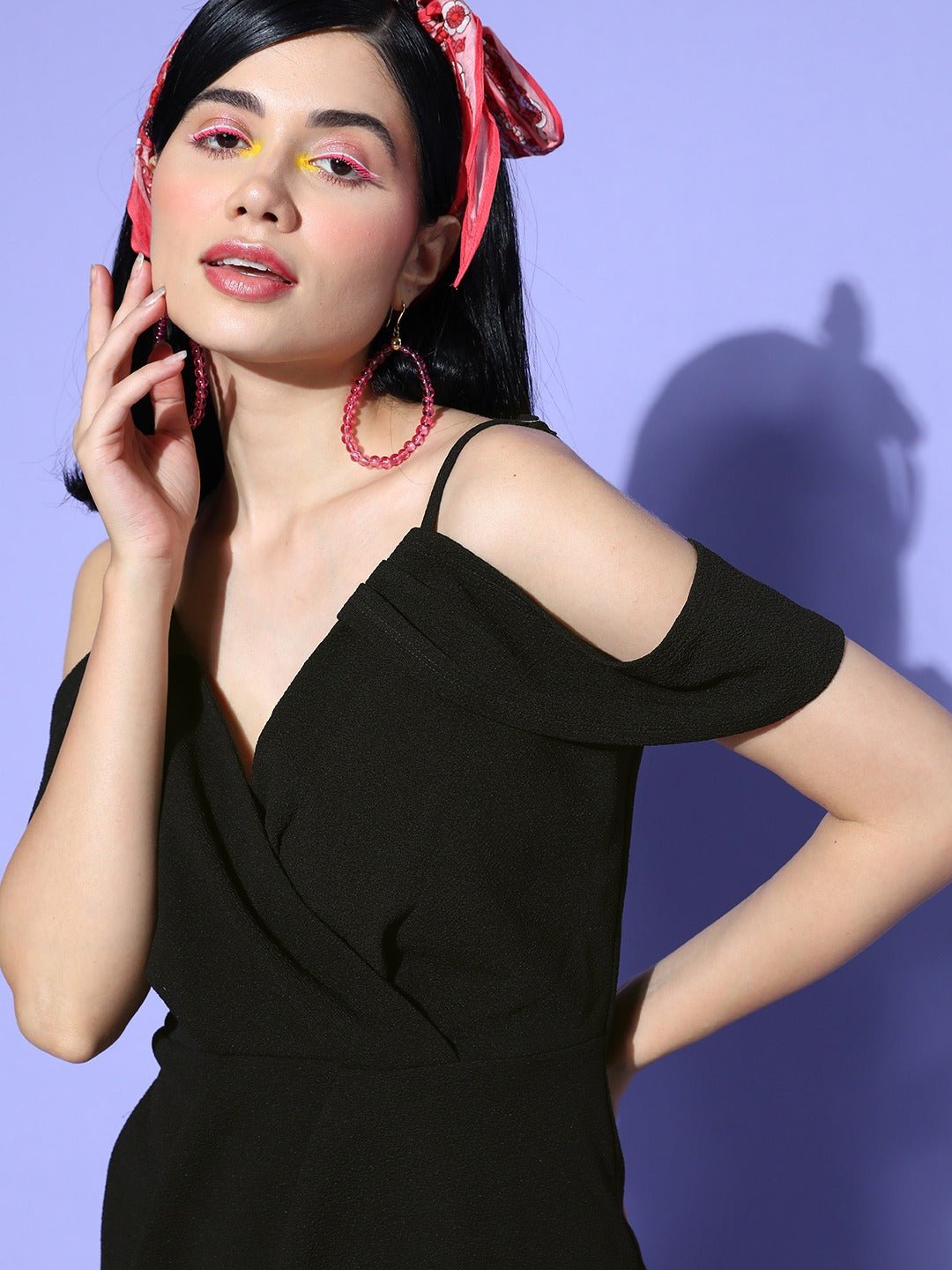 Folk Republic Women Solid Black Off-Shoulder Neck Sleeveless Crepe Tulip Hem Wrap Bodycon Mini Dress - #folk republic#