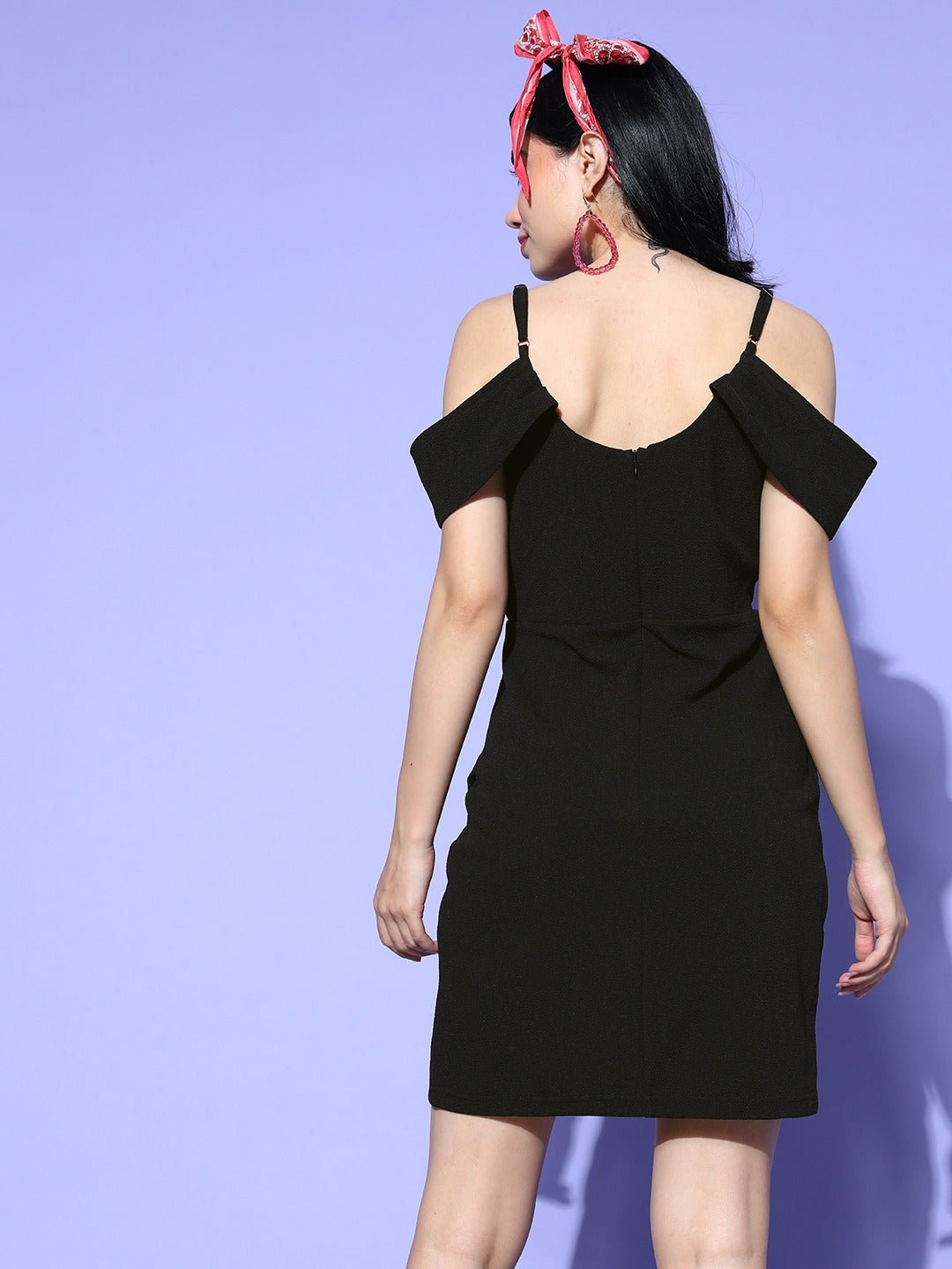 Folk Republic Women Solid Black Off-Shoulder Neck Sleeveless Crepe Tulip Hem Wrap Bodycon Mini Dress - #folk republic#