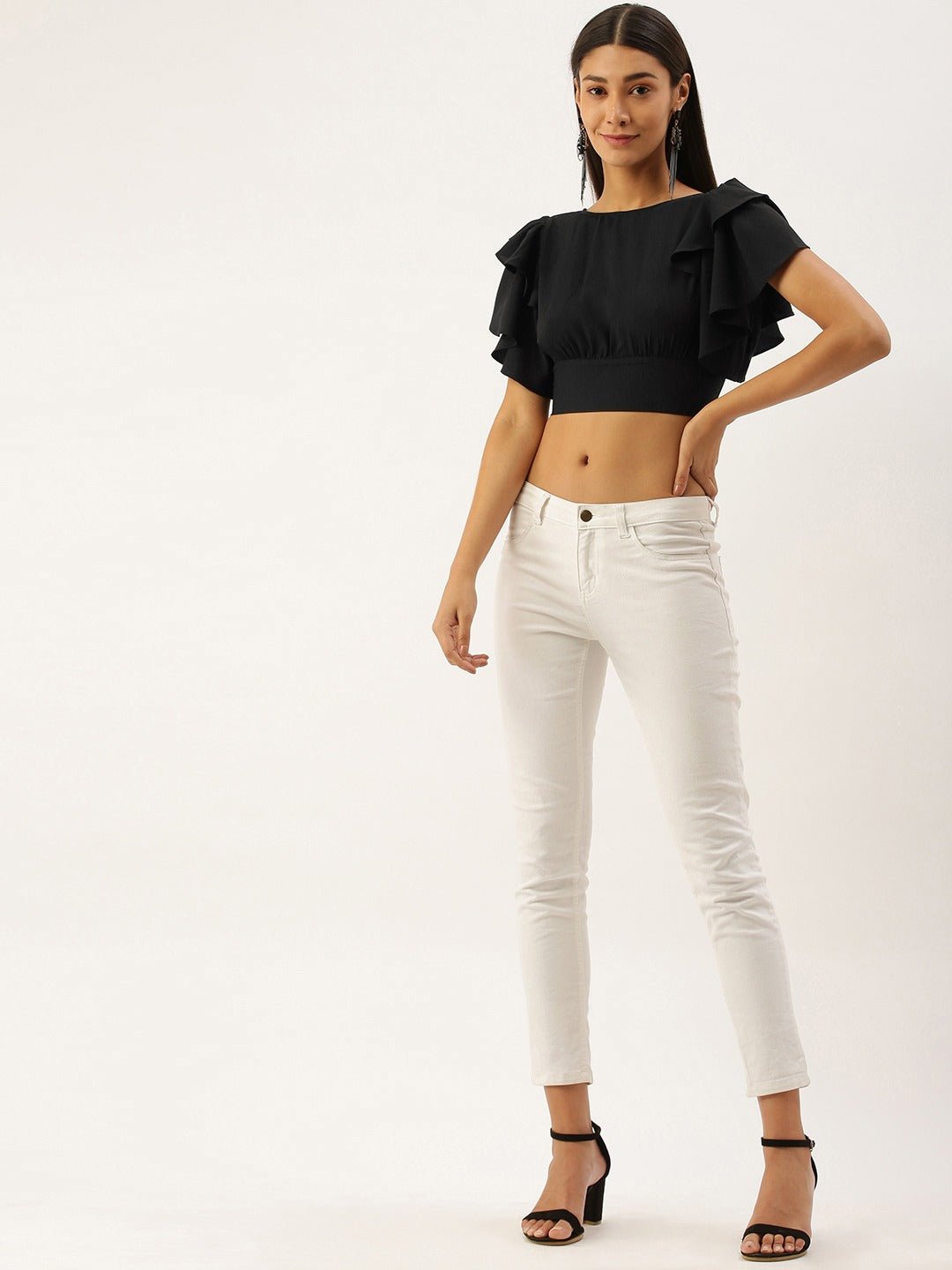 Folk Republic Women Solid Black Round-Neck Open-Back Ruffled Blouson Crop Top - #folk republic#