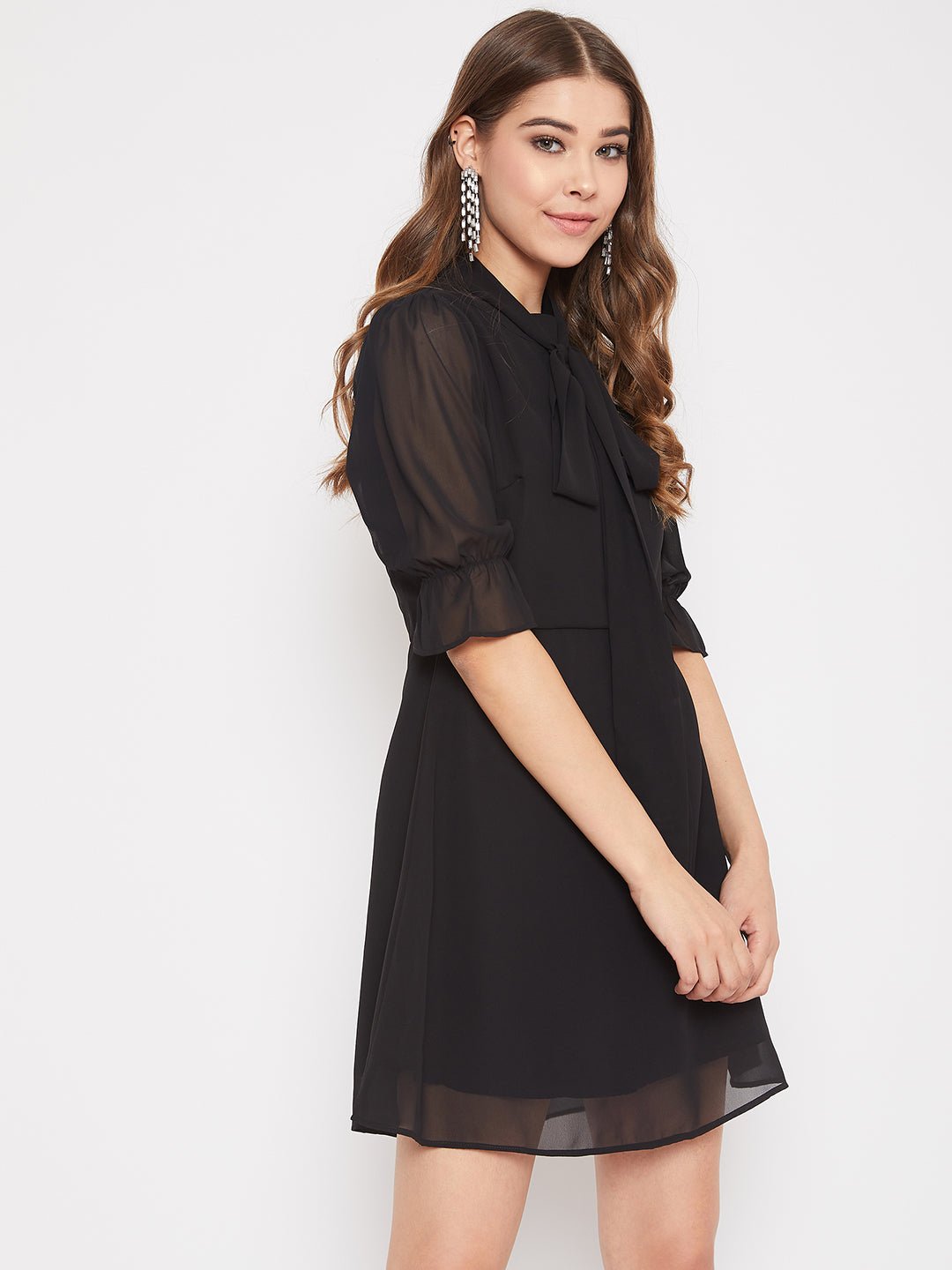 Folk Republic Women Solid Black Tie-Up Neck Fit & Flare Mini Dress - #folk republic#