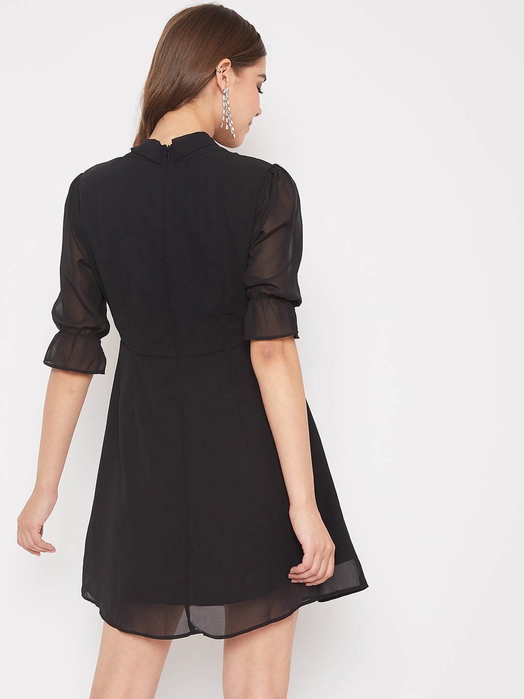Folk Republic Women Solid Black Tie-Up Neck Fit & Flare Mini Dress - #folk republic#