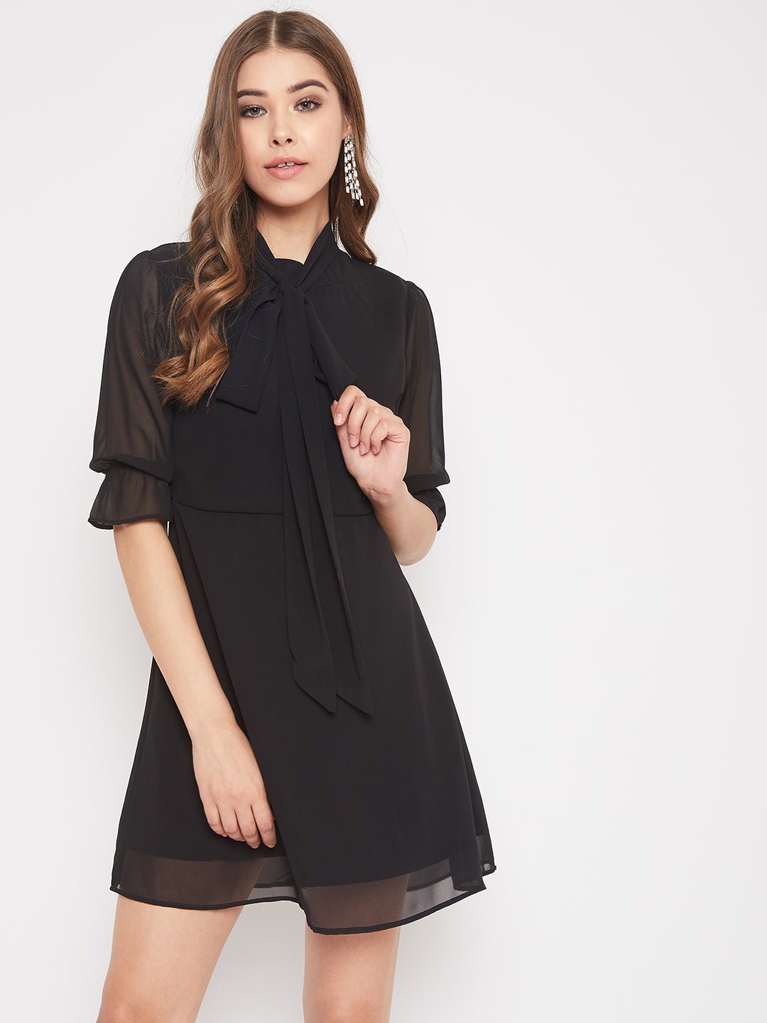 Folk Republic Women Solid Black Tie-Up Neck Fit & Flare Mini Dress - #folk republic#