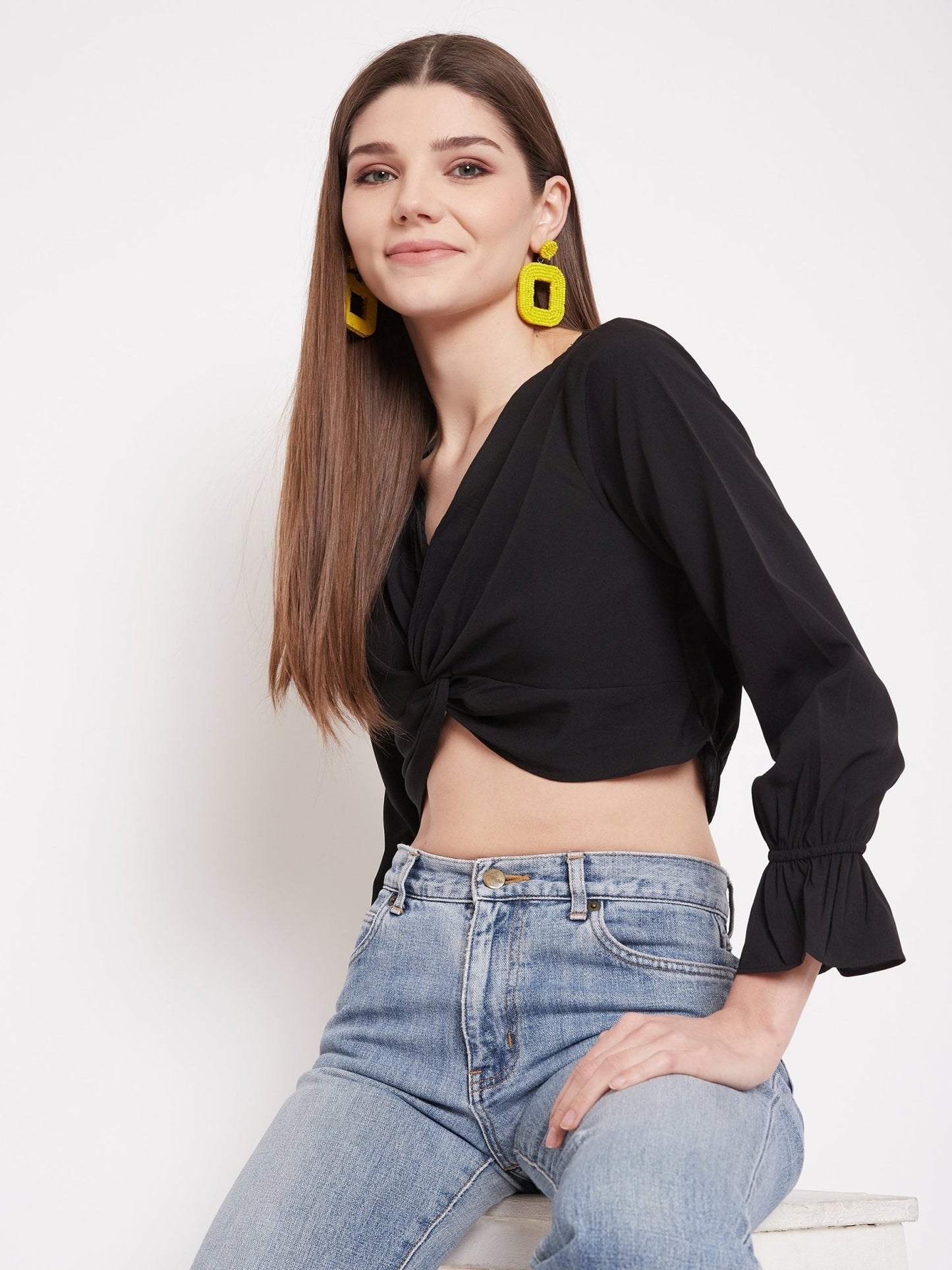 Folk Republic Women Solid Black V-Neck Front Twisted Crop Top - #folk republic#
