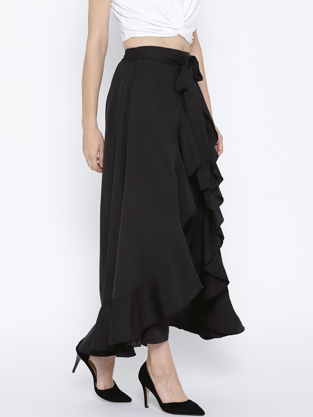 Folk Republic Women Solid Black Waist Tie-Up Ruffled Maxi Skirt with Attached Trousers - #folk republic#