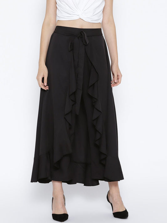 Folk Republic Women Solid Black Waist Tie-Up Ruffled Maxi Skirt with Attached Trousers - #folk republic#