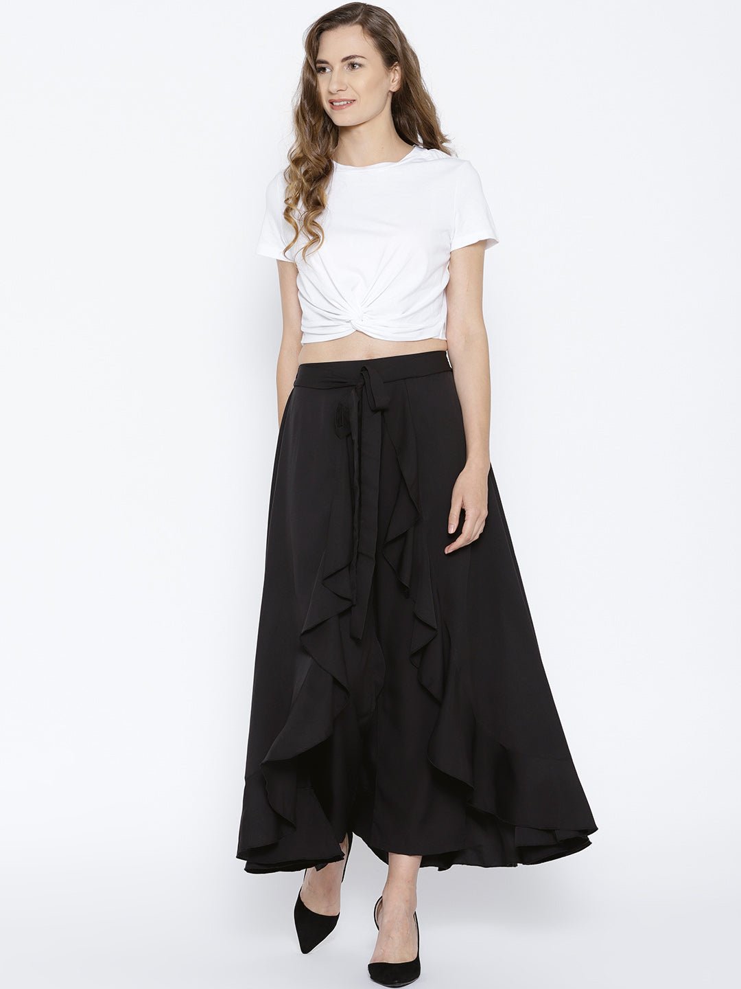 Folk Republic Women Solid Black Waist Tie-Up Ruffled Maxi Skirt with Attached Trousers - #folk republic#