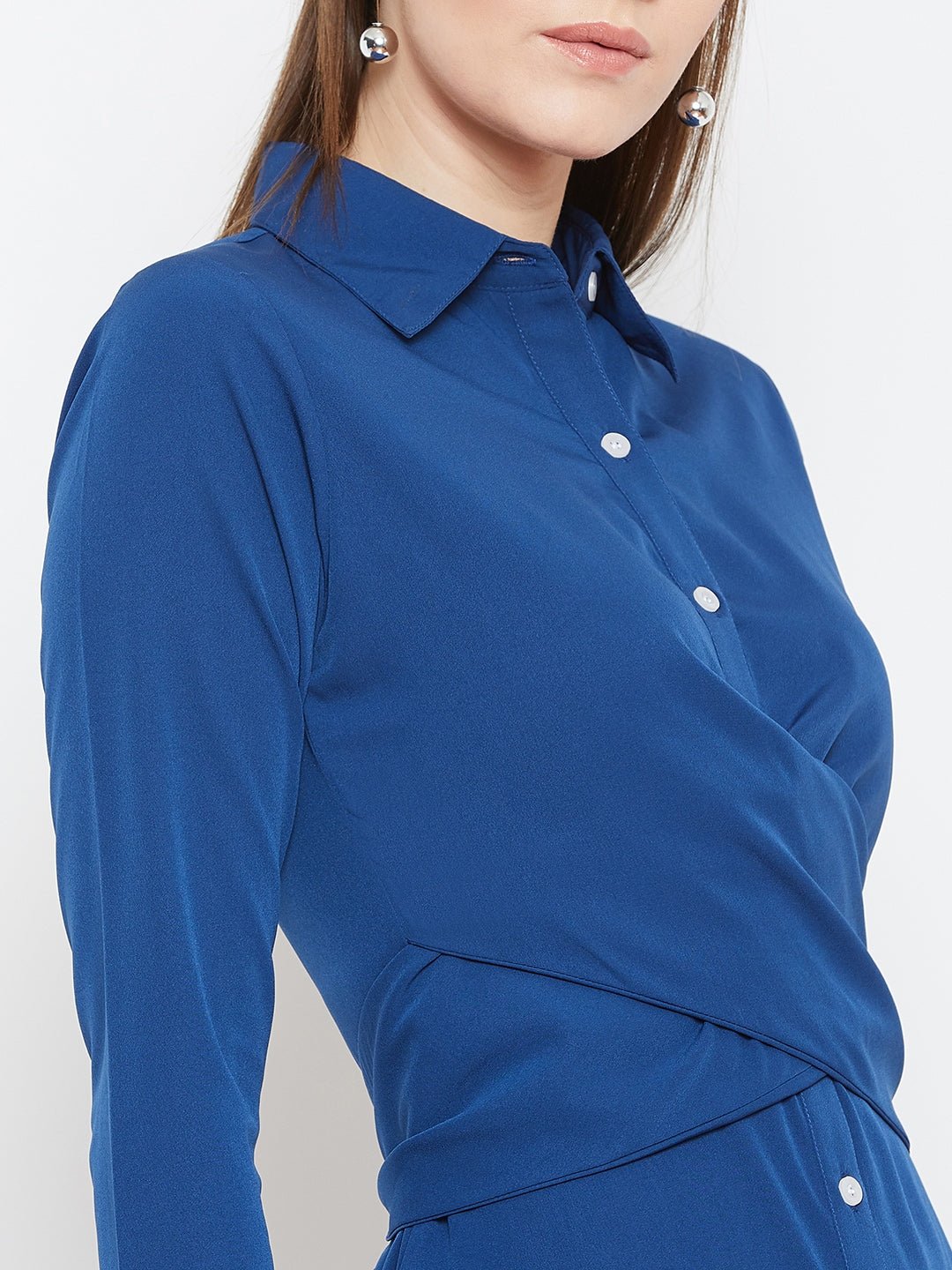 Folk Republic Women Solid Blue Collared Neck Button-Up Curved Midi Shirt Dress - #folk republic#