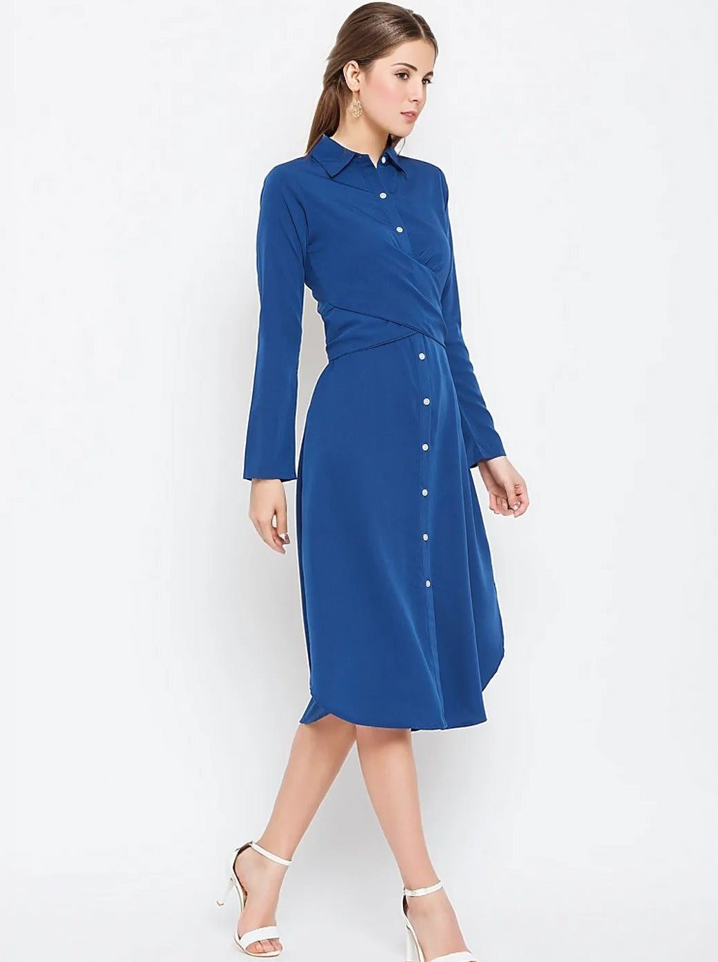 Folk Republic Women Solid Blue Collared Neck Button-Up Curved Midi Shirt Dress - #folk republic#