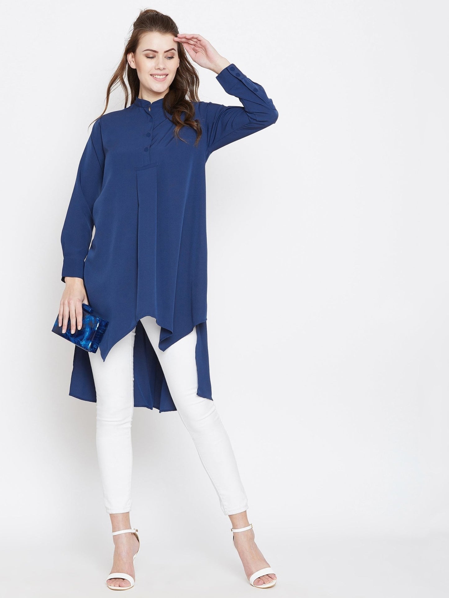 Folk Republic Women Solid Blue Mandarin Collar High-Low Longline Top - #folk republic#