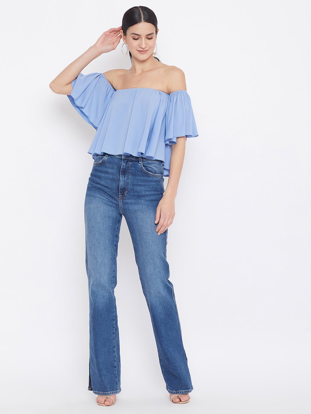 Folk Republic Women Solid Blue Off Shoulder Bardot Top - #folk republic#
