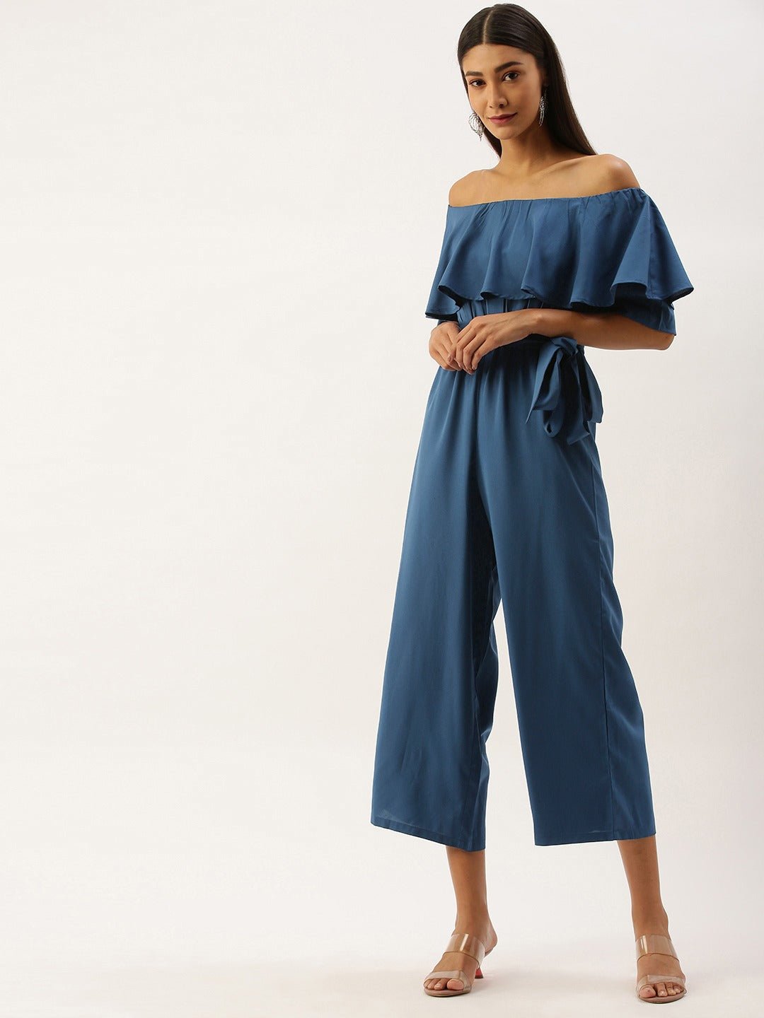 Folk Republic Women Solid Blue Off Shoulder Culotte Jumpsuit - #folk republic#