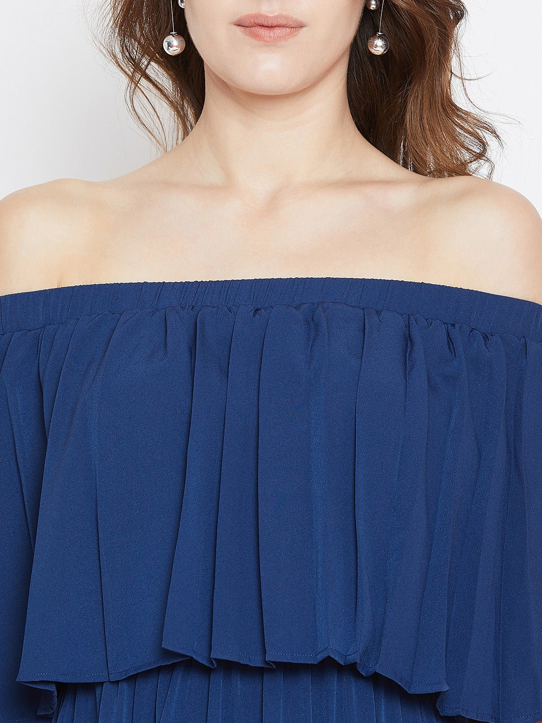 Folk Republic Women Solid Blue Off-Shoulder Neck Three-Quarter Sleeve Crepe Flared Maxi Dress - #folk republic#