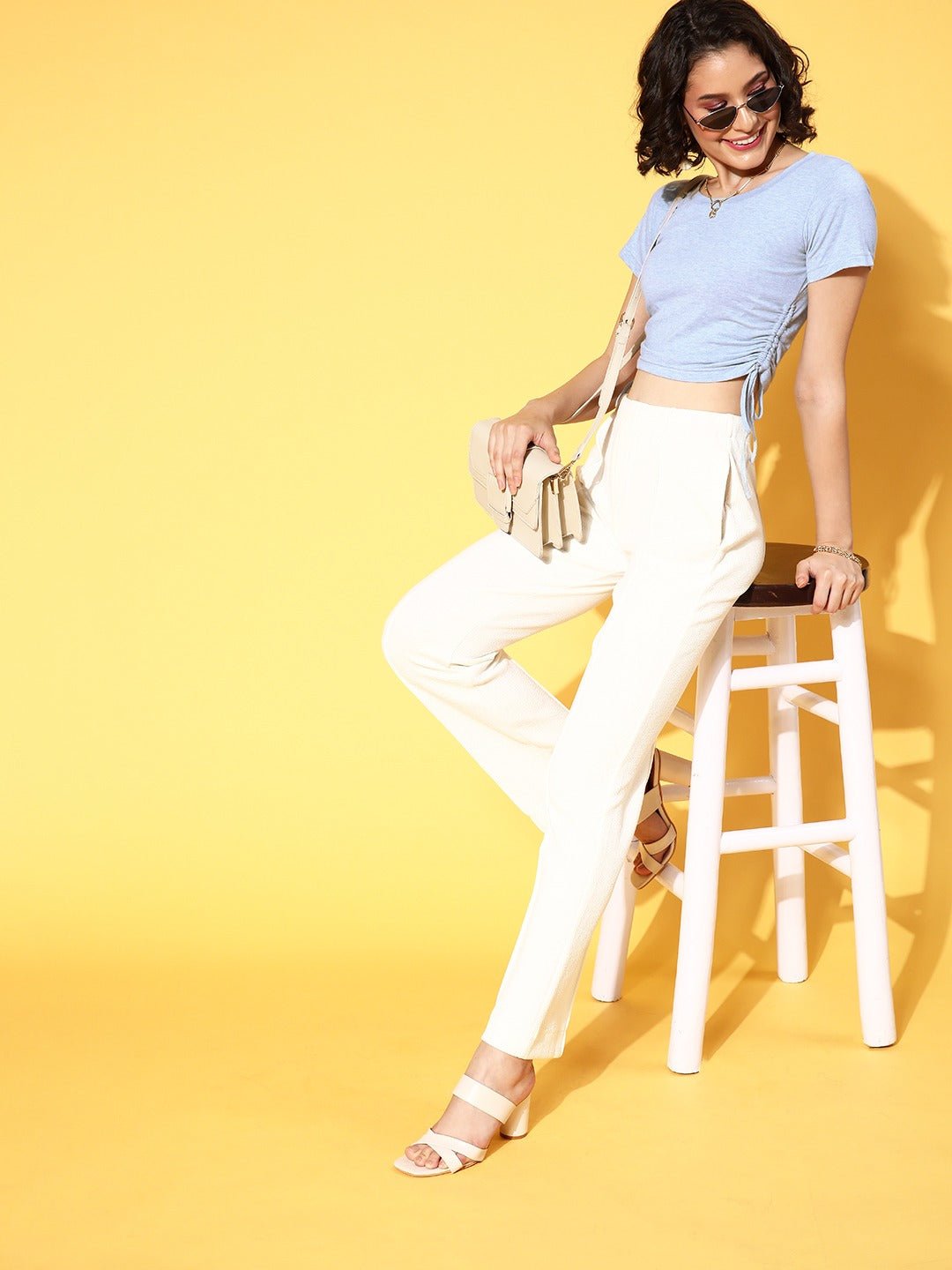 Folk Republic Women Solid Blue Round Neck Side Tie-Up Cotton Fitted Crop Top - #folk republic#