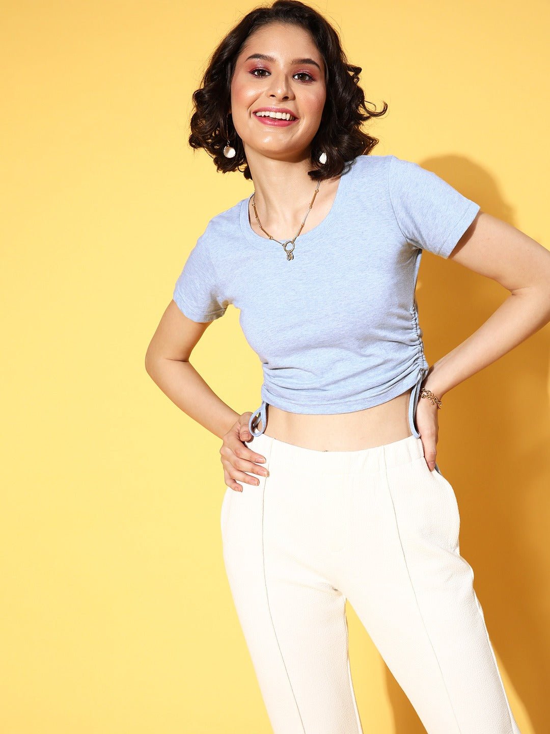 Folk Republic Women Solid Blue Round Neck Side Tie-Up Cotton Fitted Crop Top - #folk republic#