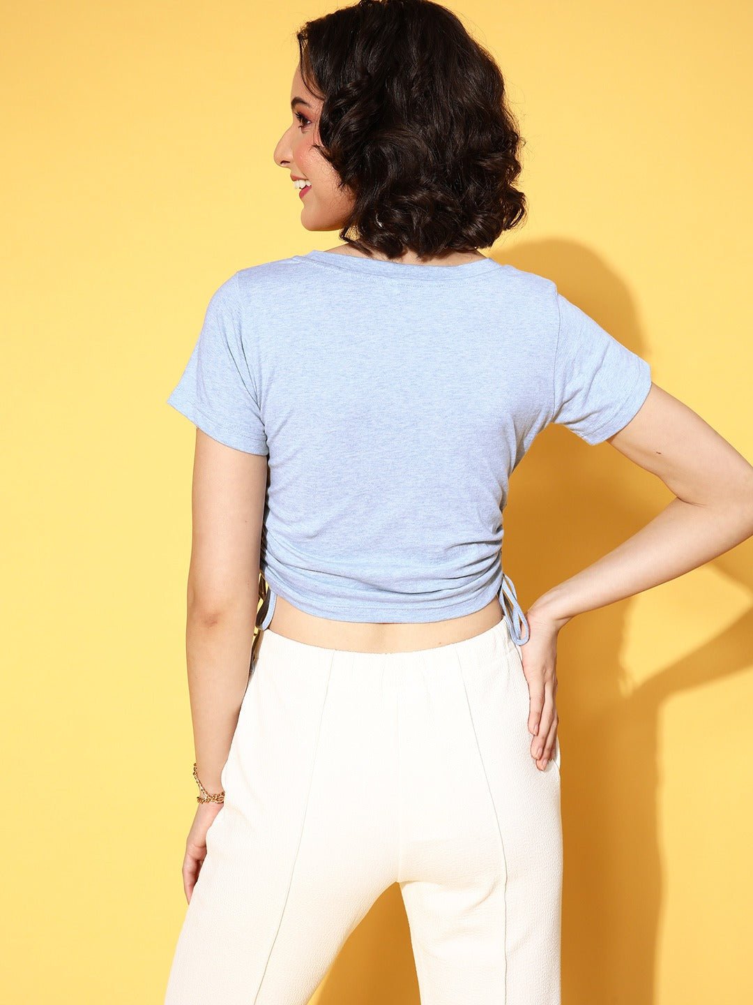 Folk Republic Women Solid Blue Round Neck Side Tie-Up Cotton Fitted Crop Top - #folk republic#