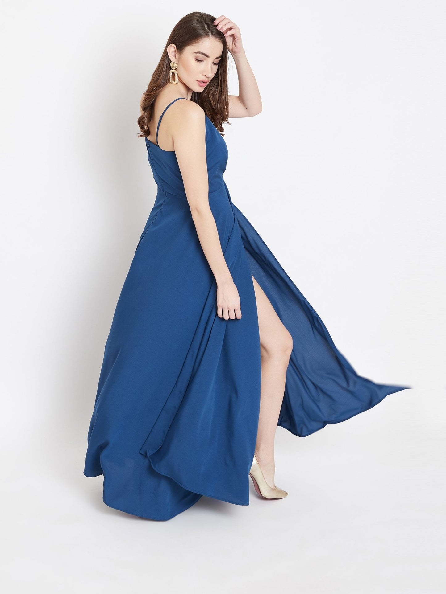 Folk Republic Women Solid Blue V-Neck Sleeveless Crepe Thigh-High Slit A-Line Maxi Dress - #folk republic#