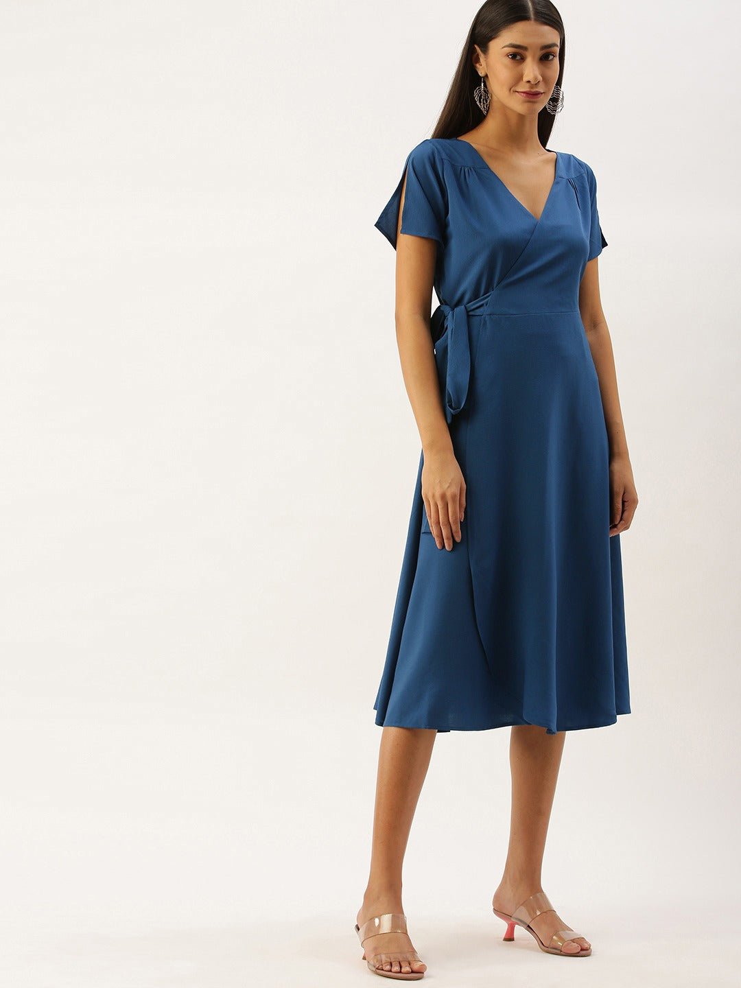 Folk Republic Women Solid Blue V-Neck Wrap Midi Dress - #folk republic#
