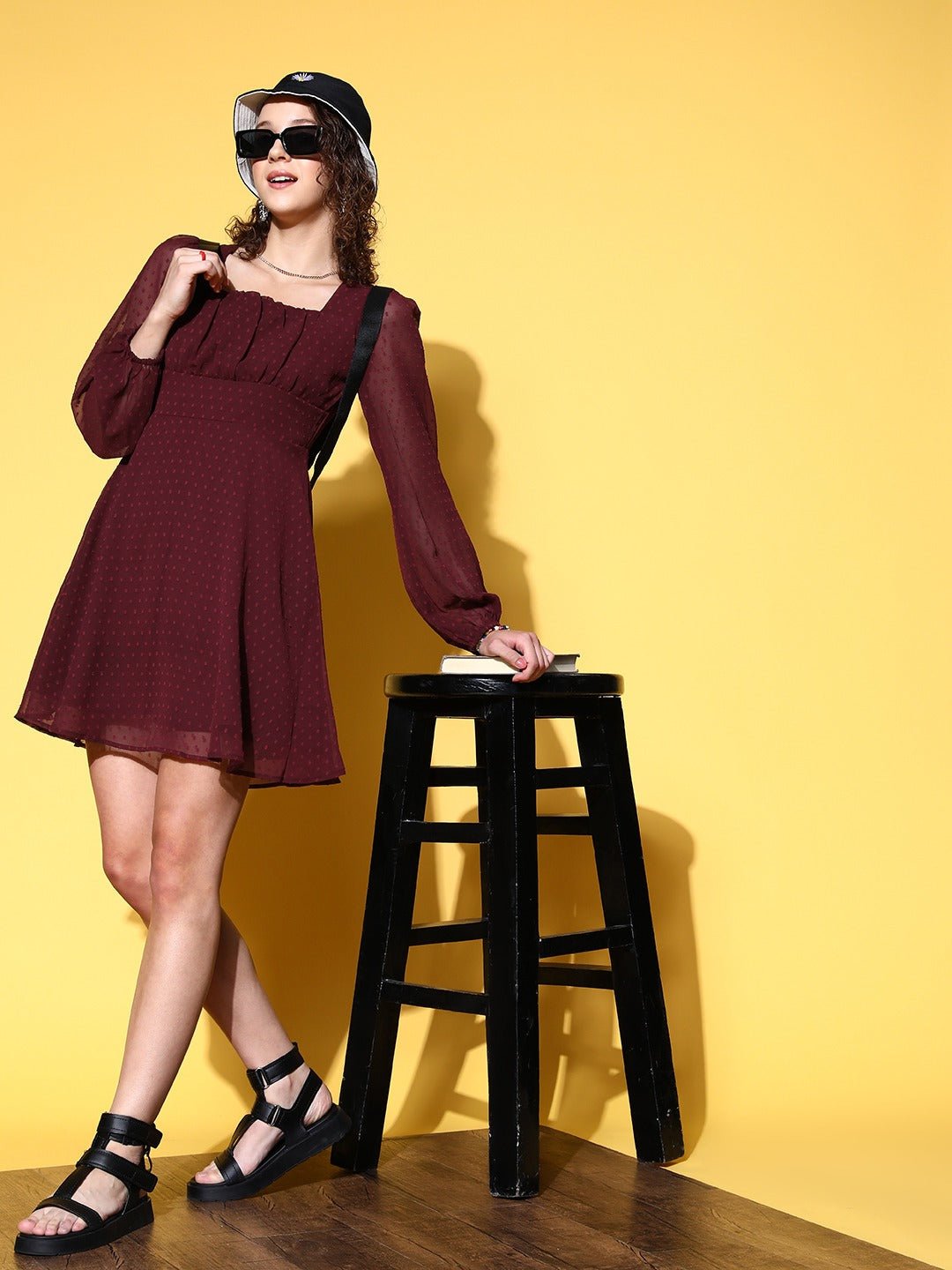 Folk Republic Women Solid Burgundy Dobby Weave Square Neck Georgette Pleated Fit & Flare Mini Dress - #folk republic#