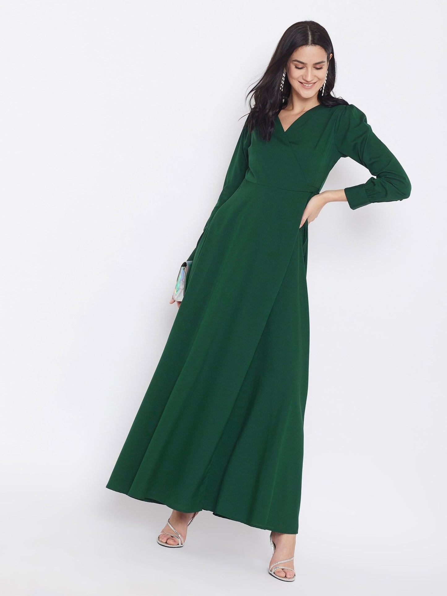 Folk Republic Women Solid Dark Green V-Neck Tie-Up Wrap Maxi Dress - #folk republic#