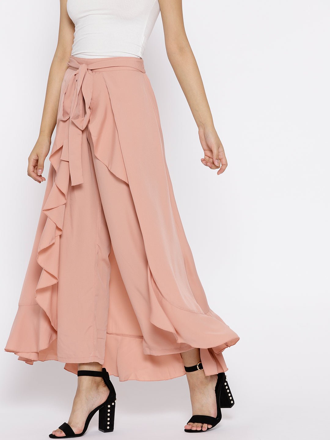 Folk Republic Women Solid Dusty Pink Waist Tie-Up Ruffled Maxi Skirt with Attached Trousers - #folk republic#
