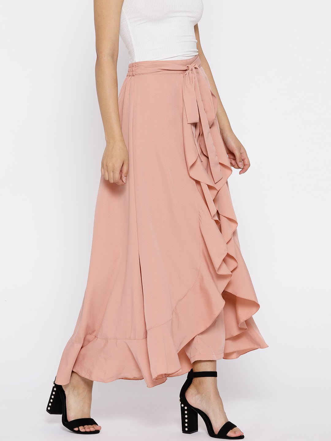 Folk Republic Women Solid Dusty Pink Waist Tie-Up Ruffled Maxi Skirt with Attached Trousers - #folk republic#