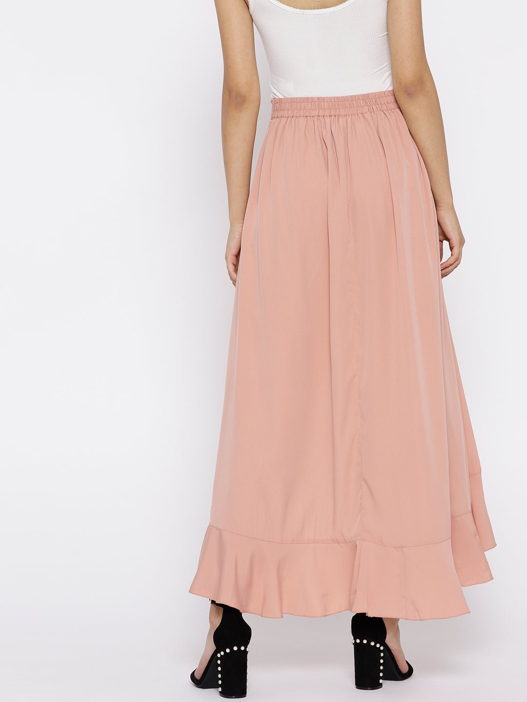 Folk Republic Women Solid Dusty Pink Waist Tie-Up Ruffled Maxi Skirt with Attached Trousers - #folk republic#