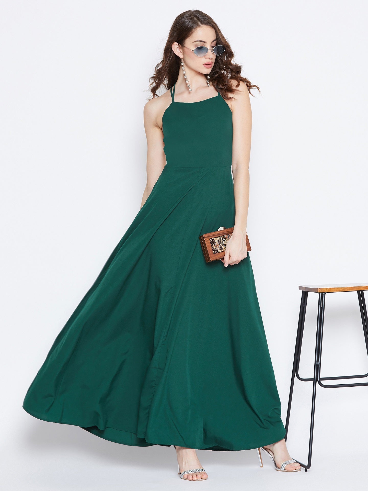 Folk Republic Women Solid Green Caged Back Halter Neck Maxi Dress - #folk republic#