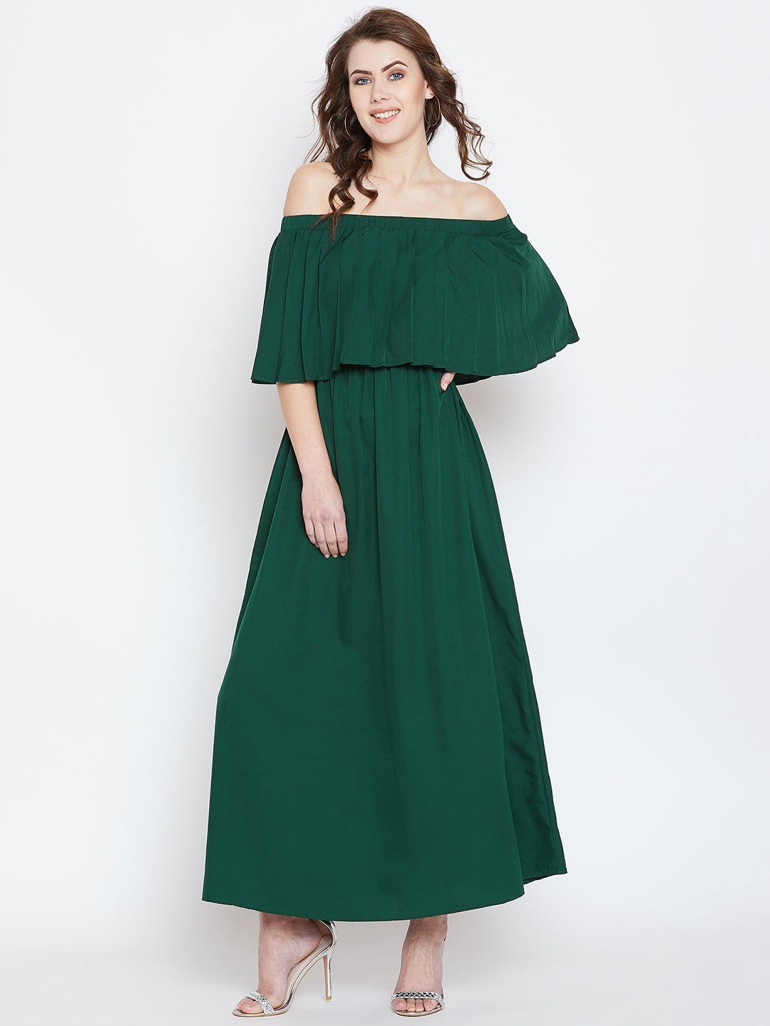 Folk Republic Women Solid Green Off-Shoulder Neck Flared Sleeve Pleated Maxi Dress - #folk republic#