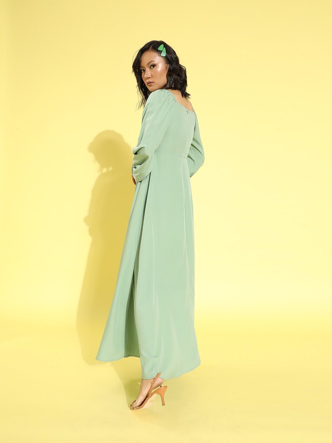 Folk Republic Women Solid Green Square Neck Puff Sleeves Crepe Flared Maxi Dress - #folk republic#