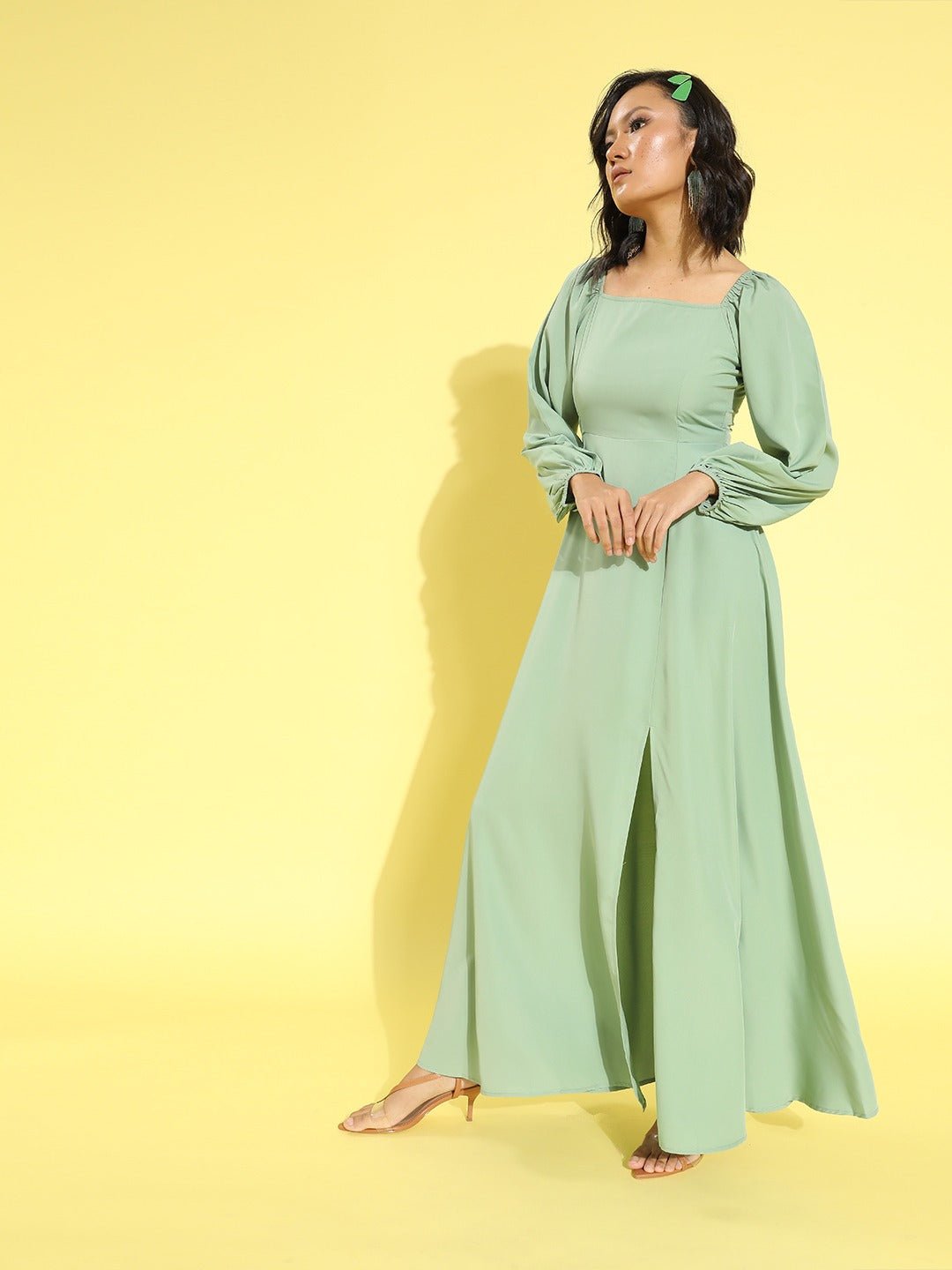 Folk Republic Women Solid Green Square Neck Puff Sleeves Crepe Flared Maxi Dress - #folk republic#