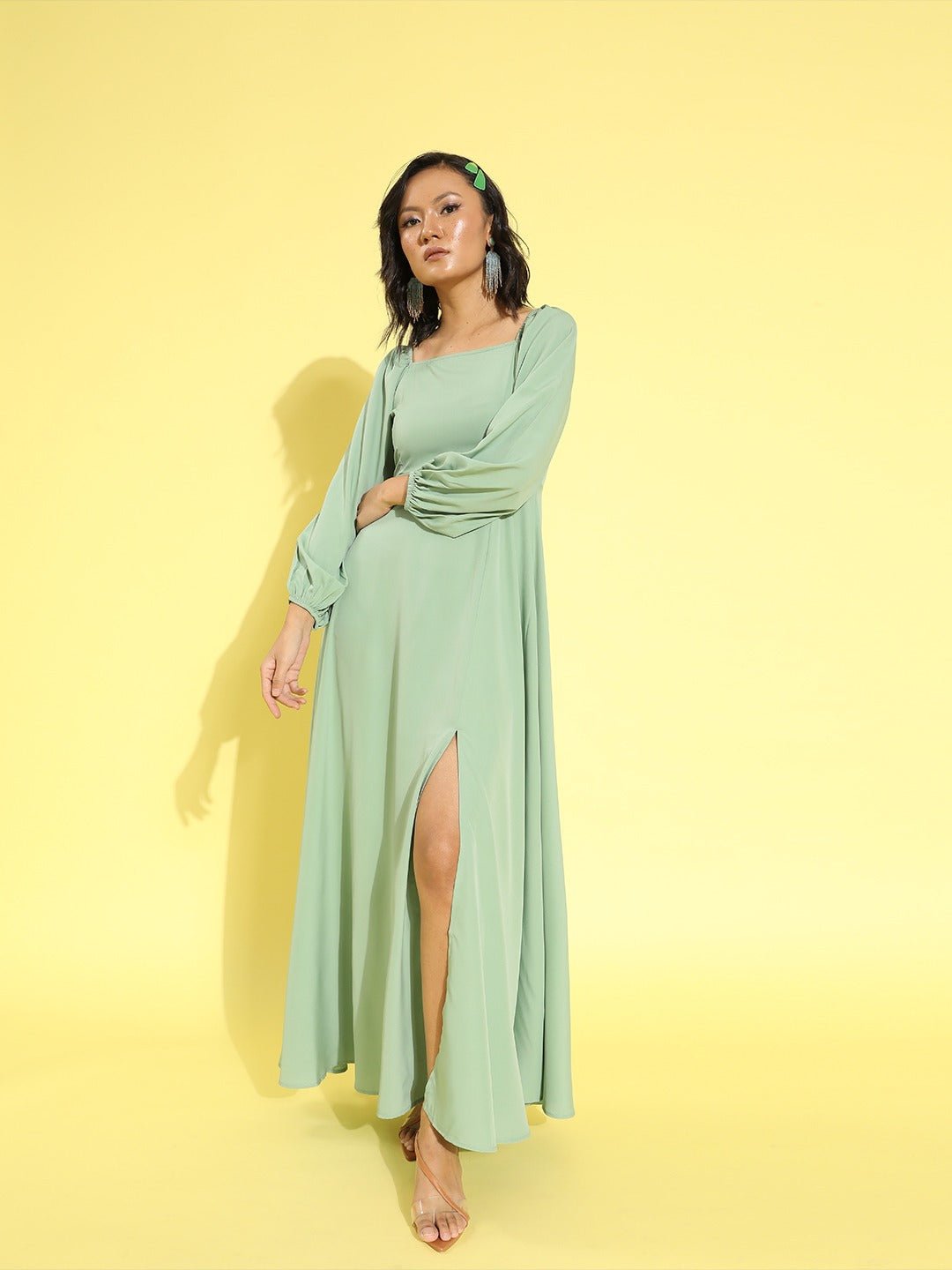 Folk Republic Women Solid Green Square Neck Puff Sleeves Crepe Flared Maxi Dress - #folk republic#